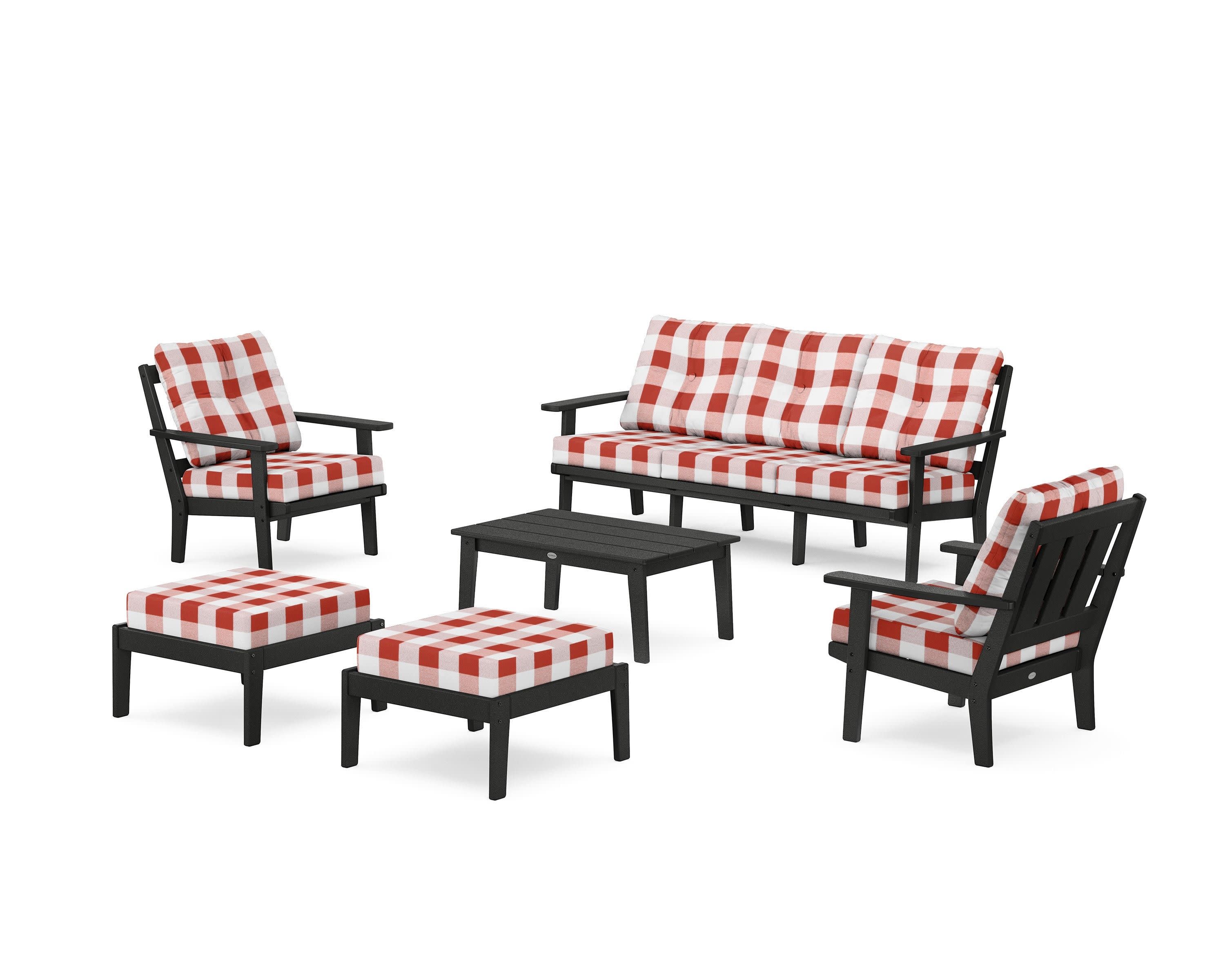 Oxford 6-Piece Lounge Sofa Set in Black / Buffalo Plaid Crimson