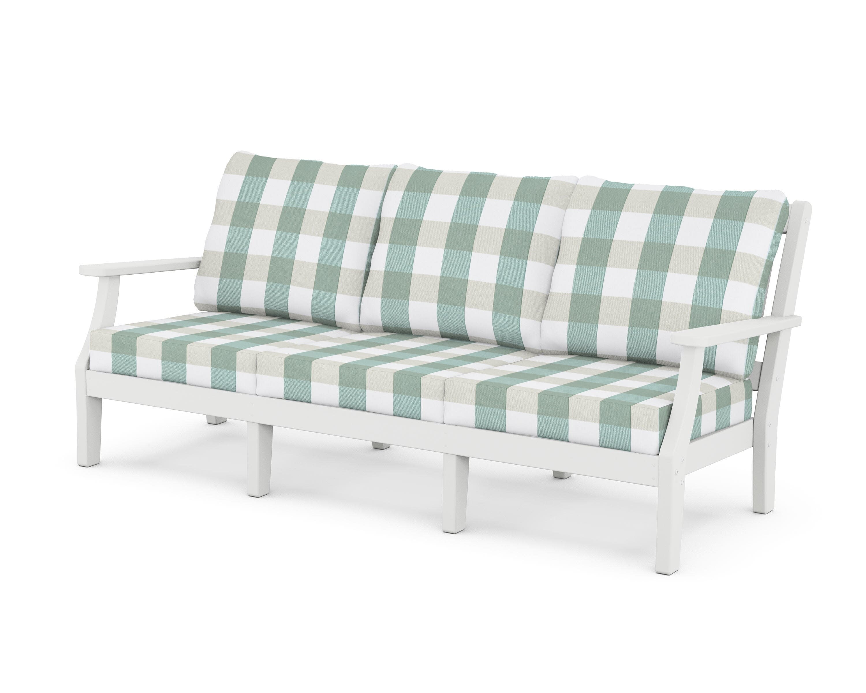 Chinoiserie Deep Seating Sofa in White / Buffalo Plaid Glacier Spa