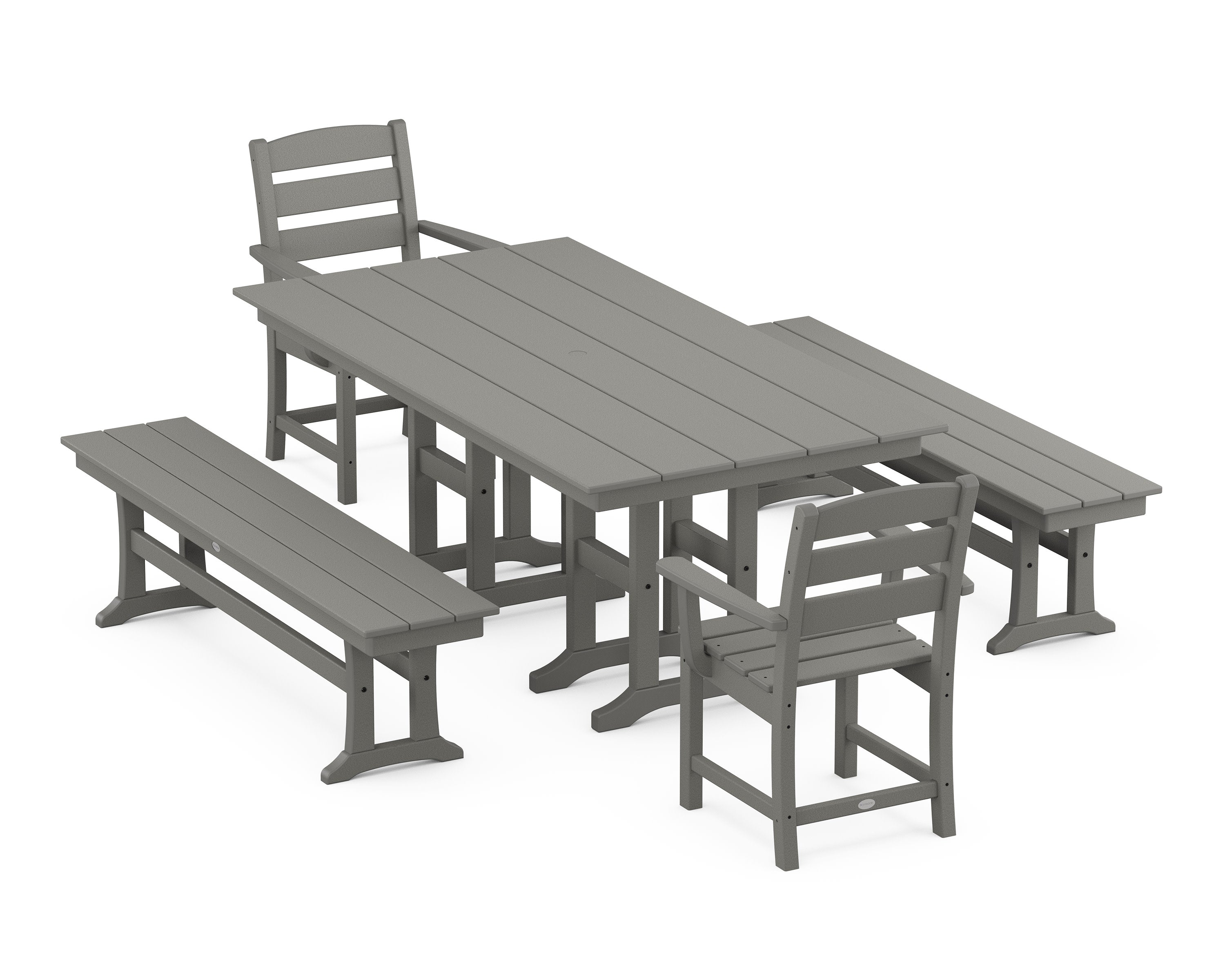 Lakeside 5-Piece Farmhouse Dining Set with Benches in Slate Grey