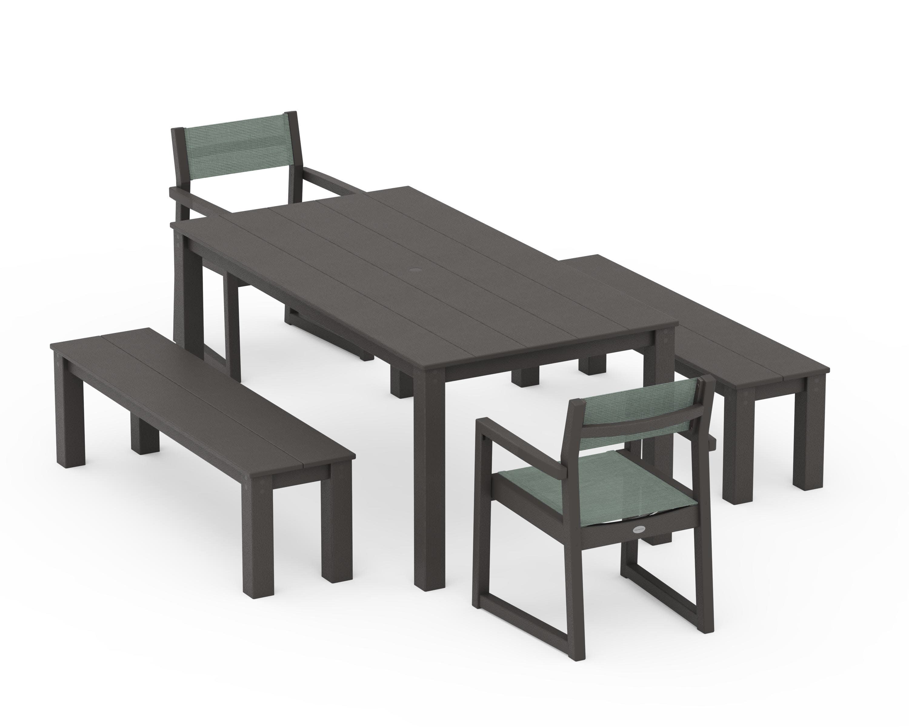 EDGE Sling Arm Chair 5-Piece Parsons Dining Set with Benches in Vintage Coffee / Dupioni Sea Mist Sling