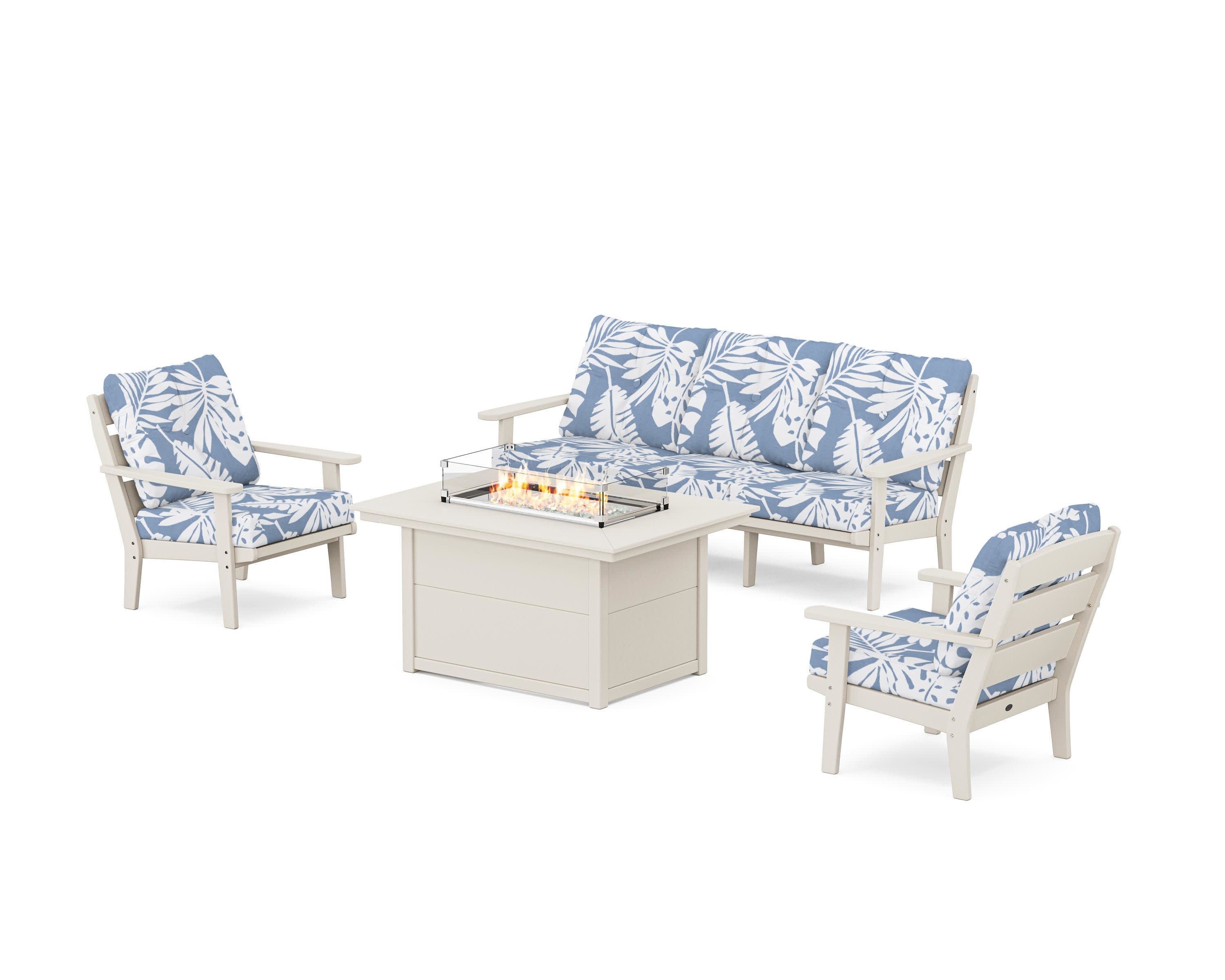 Lakeside Deep Seating Fire Pit Table Set in Sand / Leaf Sky Blue