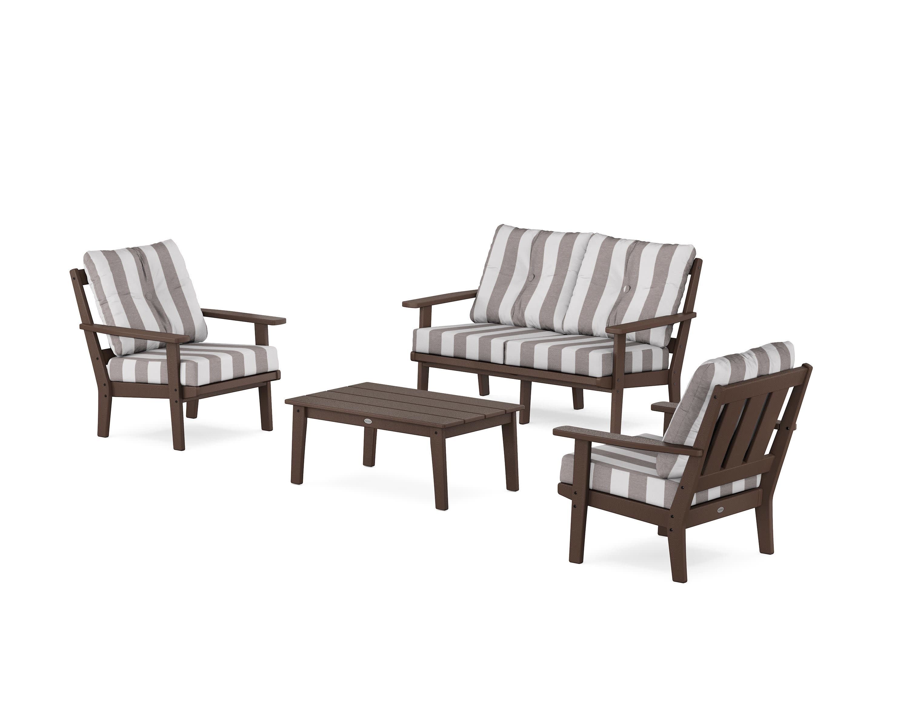 Oxford 4-Piece Deep Seating Set with Loveseat in Mahogany / Cabana Stripe Grey Mist