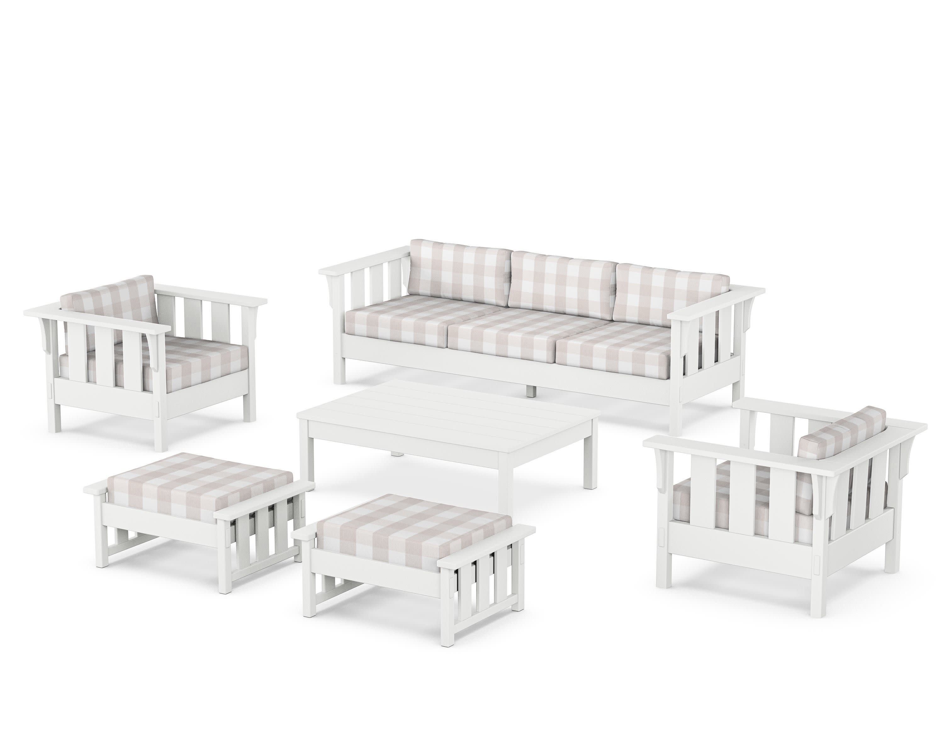 Acadia 6-Piece Lounge Sofa Set in White / Buffalo Plaid Dune Burlap