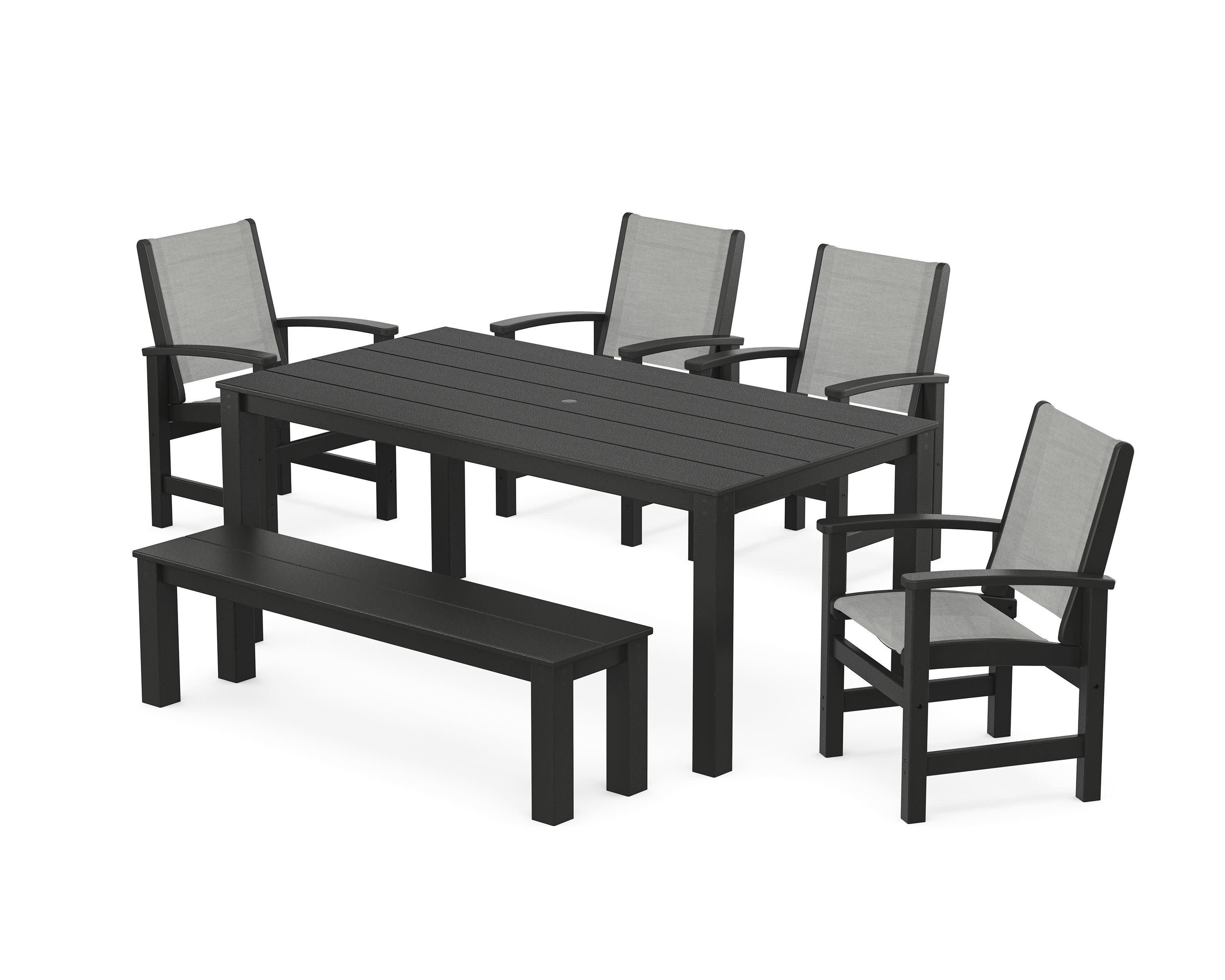 Coastal 6-Piece Parsons Dining Set with Bench in Black / Metallic Sling