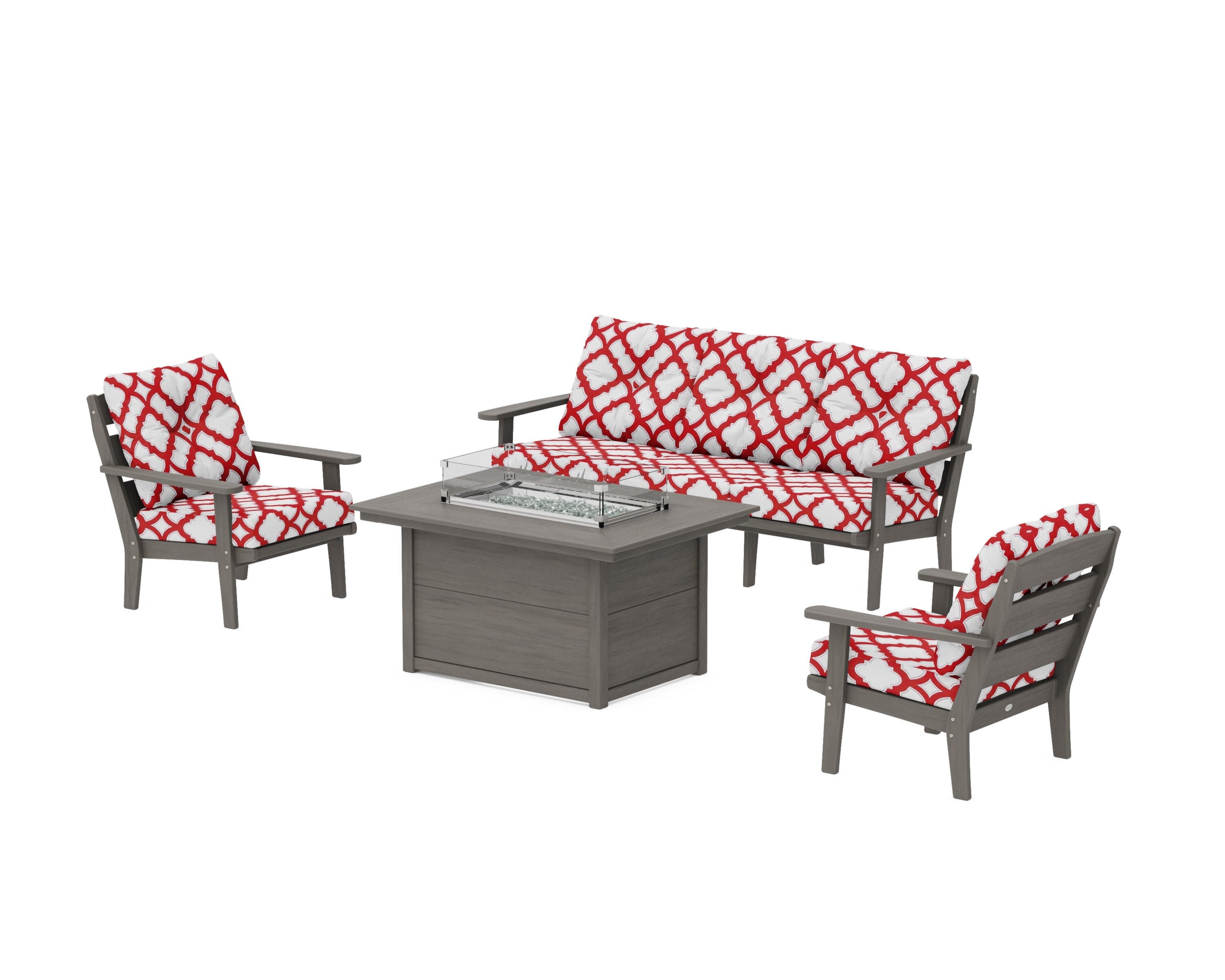 Lakeside Deep Seating Fire Pit Table Set in Driftwood / Trellis Crimson