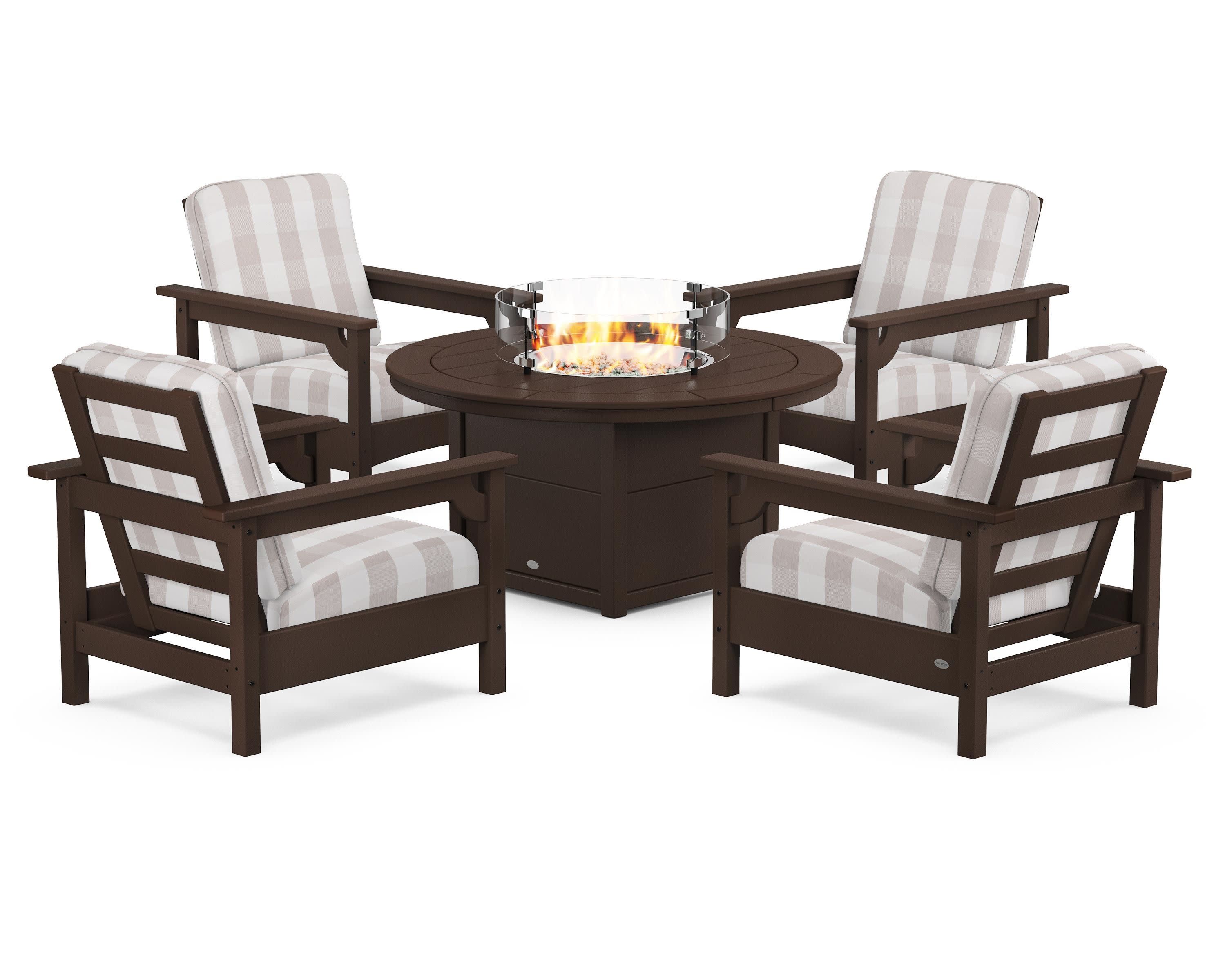 Club 5-Piece Conversation Set with Fire Pit Table in Mahogany / Buffalo Plaid Dune Burlap