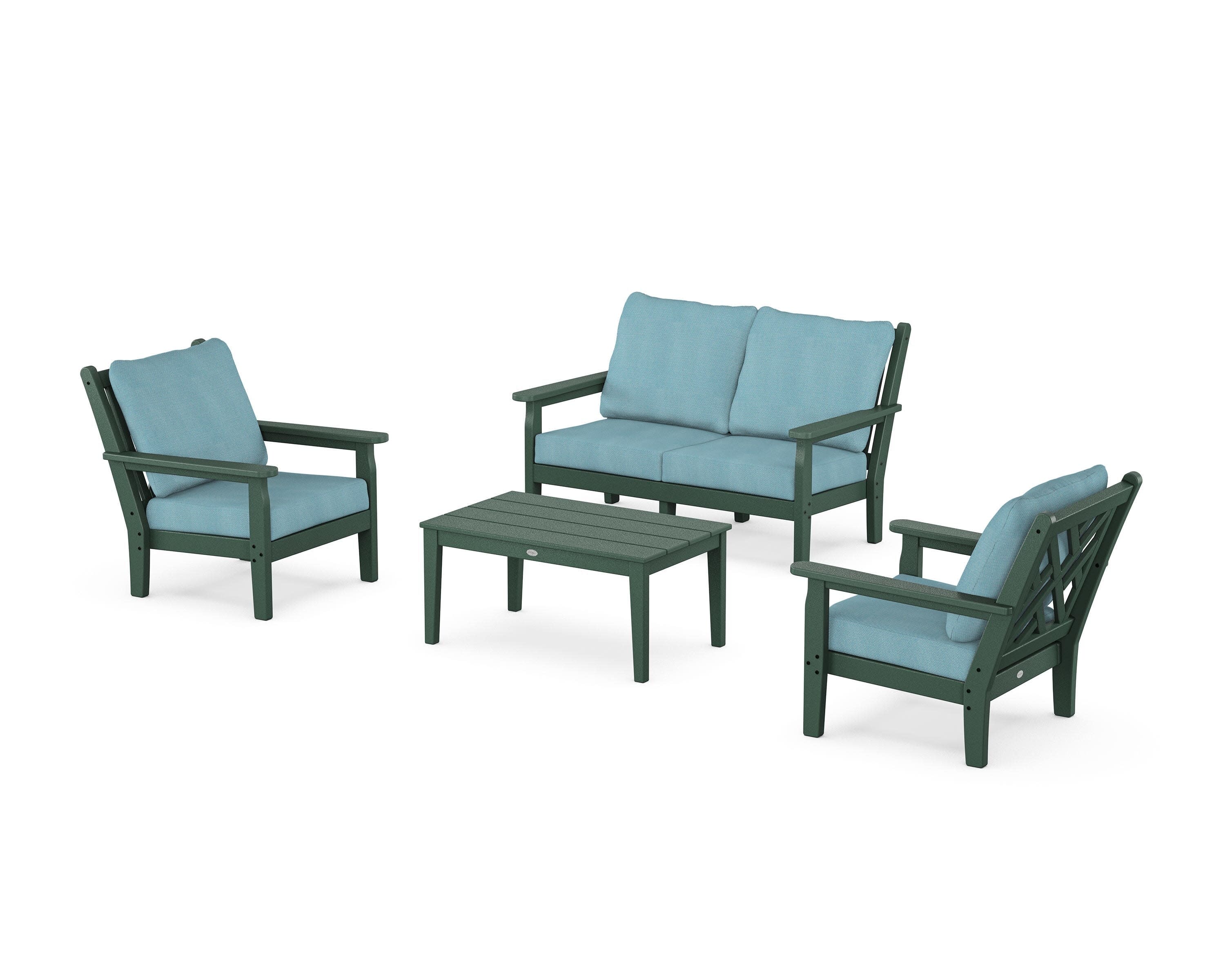 Chippendale 4-Piece Deep Seating Set with Loveseat in Green / Lattice Sky Blue