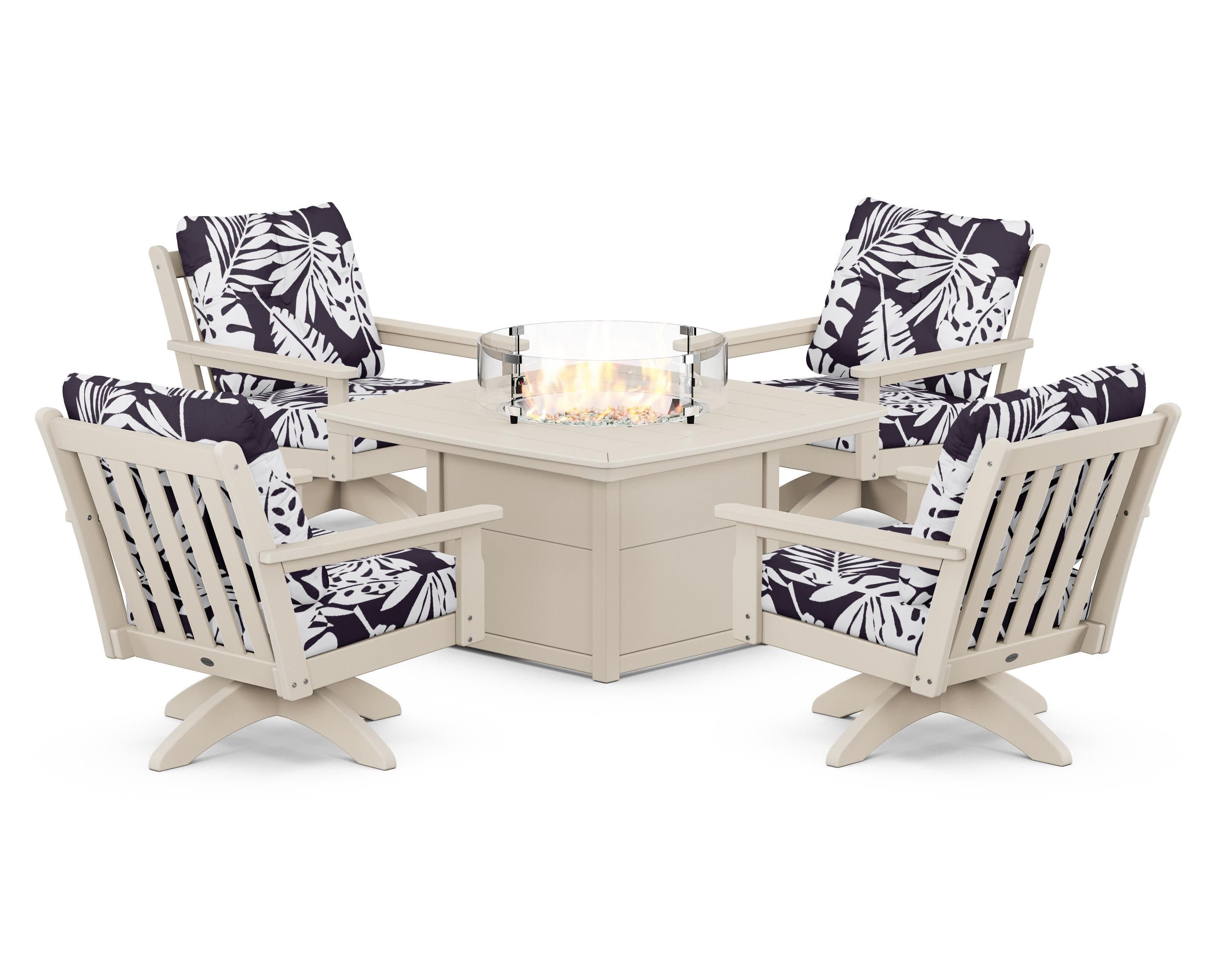 Vineyard 5-Piece Deep Seating Swivel Conversation Set with Fire Pit Table in Sand / Leaf Navy