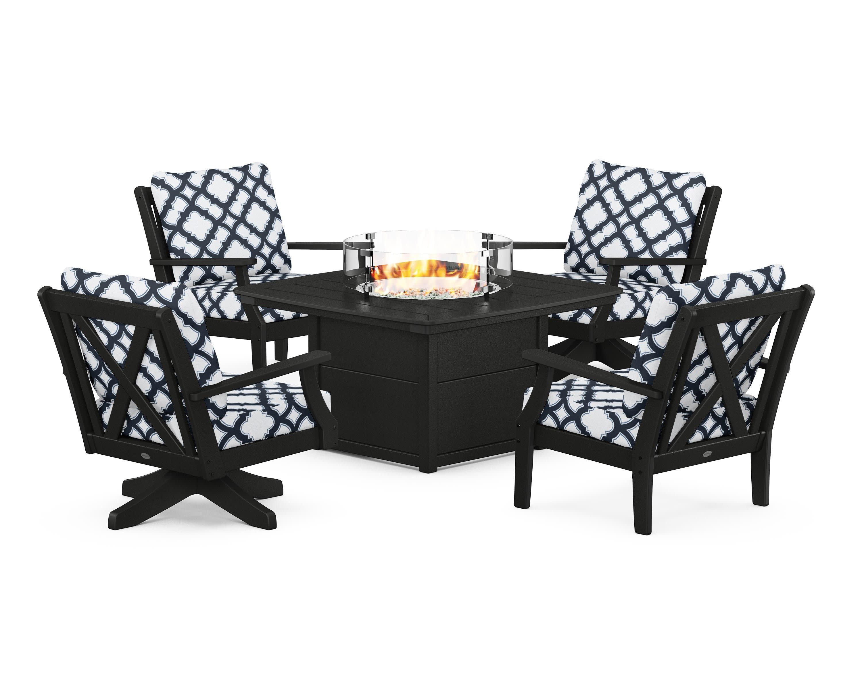 Braxton 5-Piece Deep Seating Set with Fire Table in Black / Trellis Marine Indigo