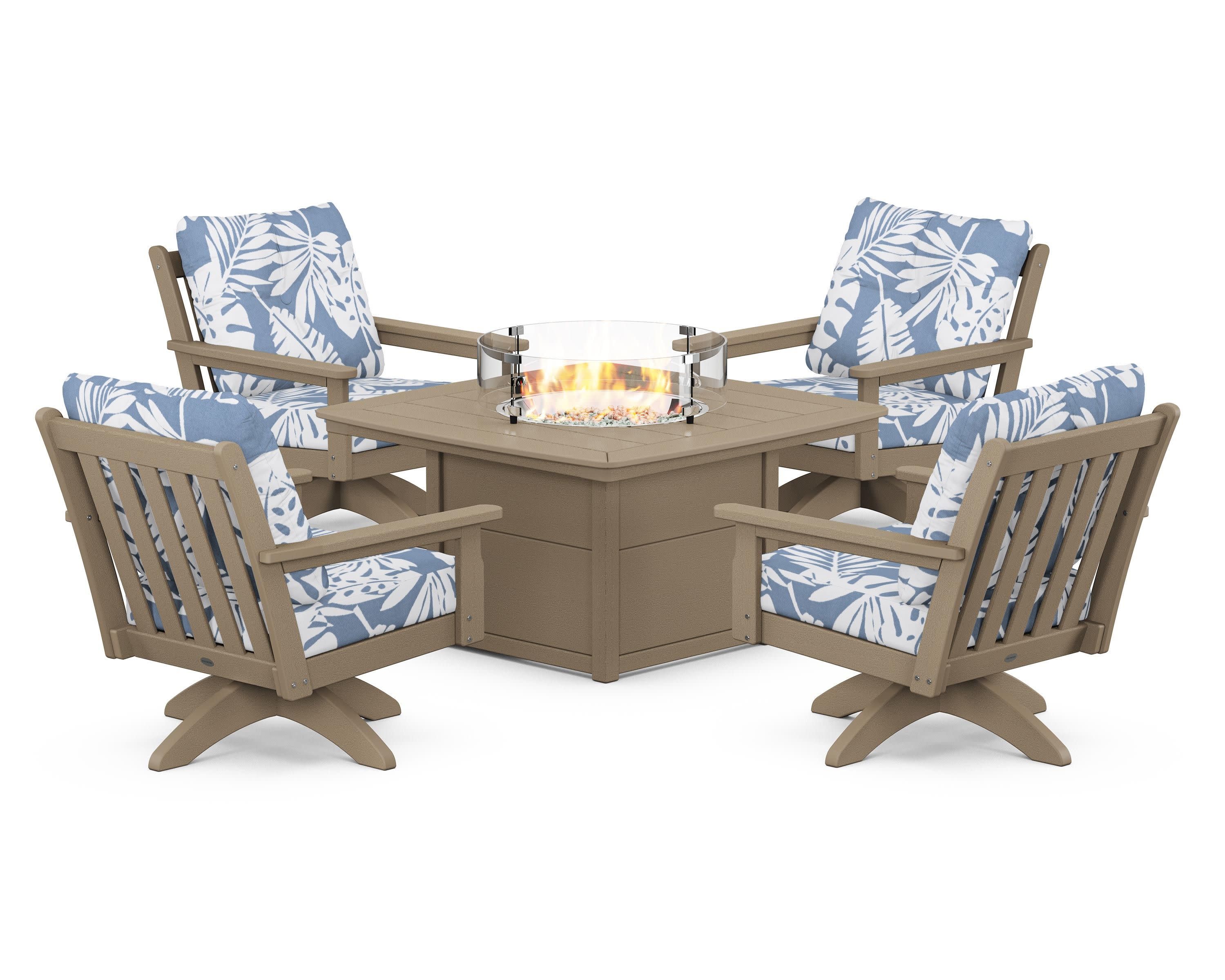 Vineyard 5-Piece Deep Seating Swivel Conversation Set with Fire Pit Table in Vintage Sahara / Leaf Sky Blue