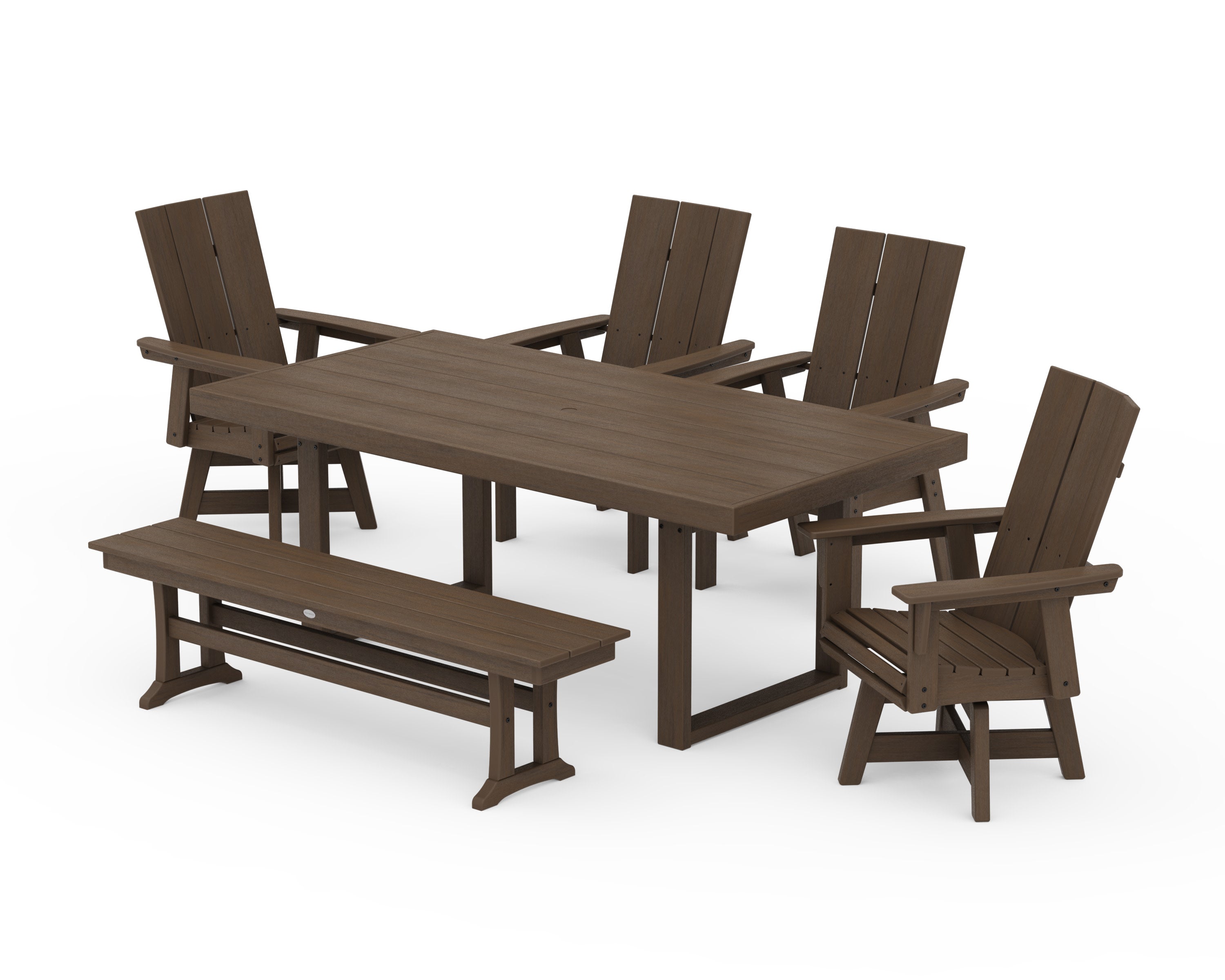 Modern Curveback Adirondack Swivel Chair 6-Piece Dining Set with Bench in Kona