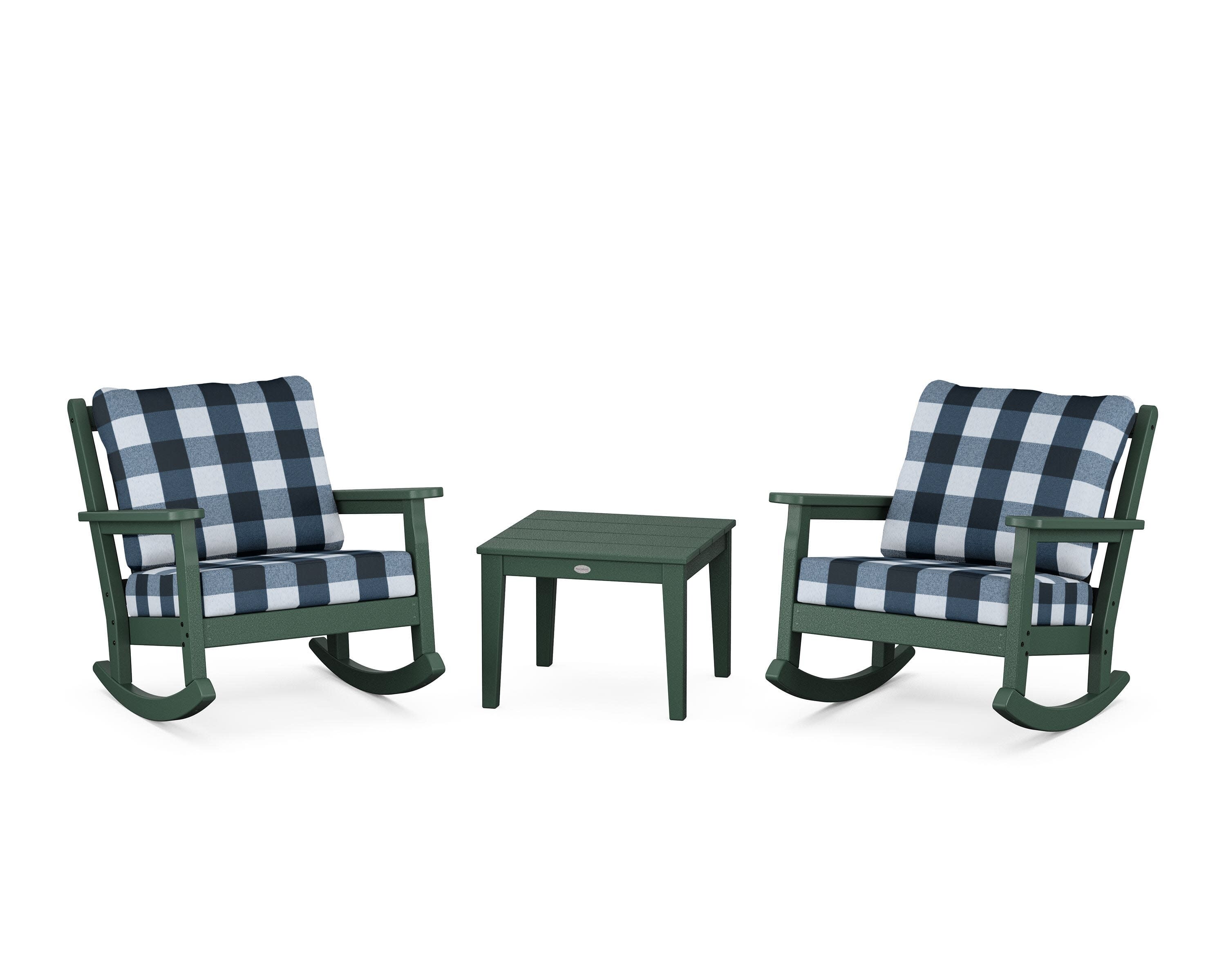 Chippendale 3-Piece Deep Seating Rocker Set in Green / Buffalo Plaid Marine Indigo