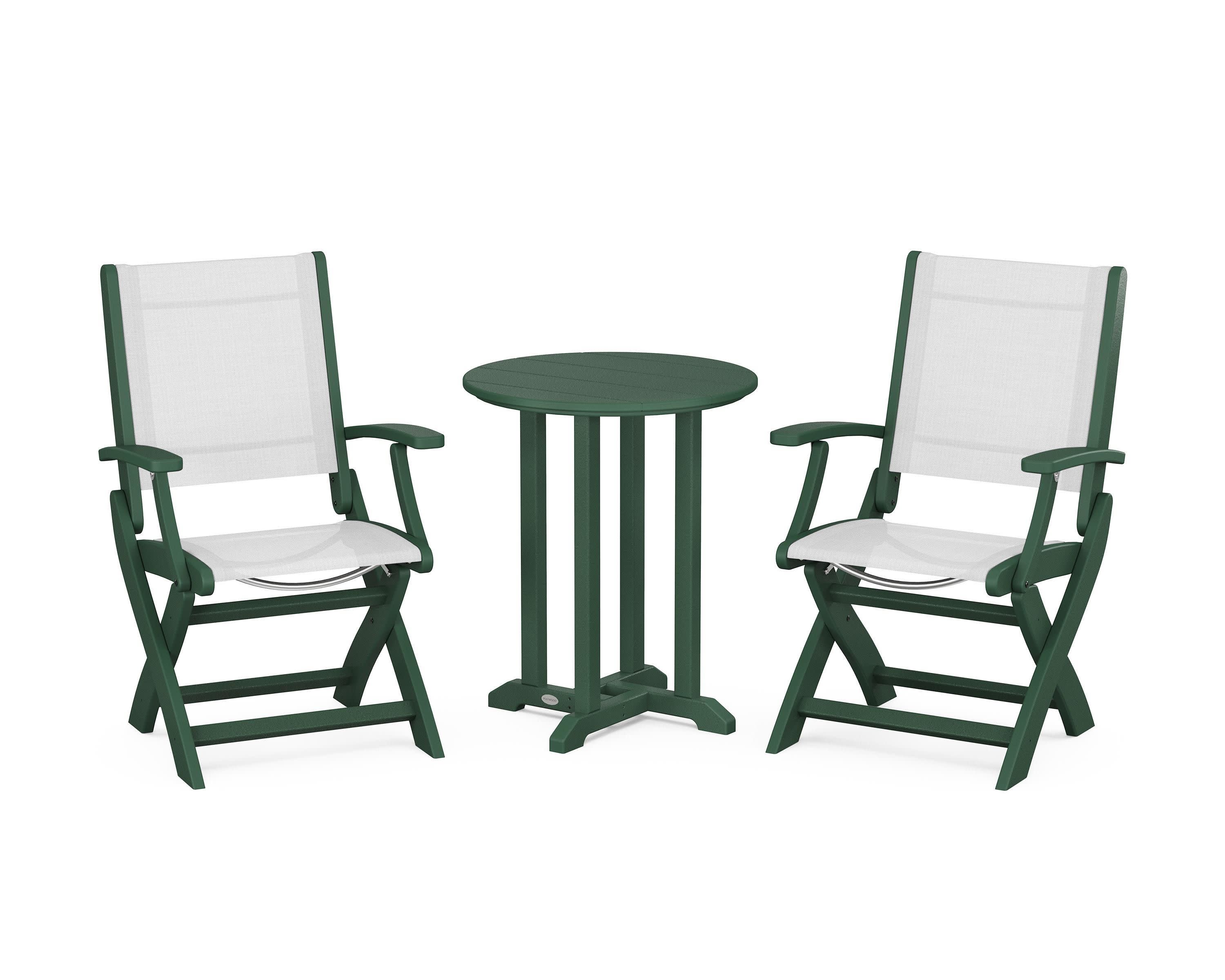 Coastal Folding 3-Piece Round Bistro Dining Set in Green / White Sling
