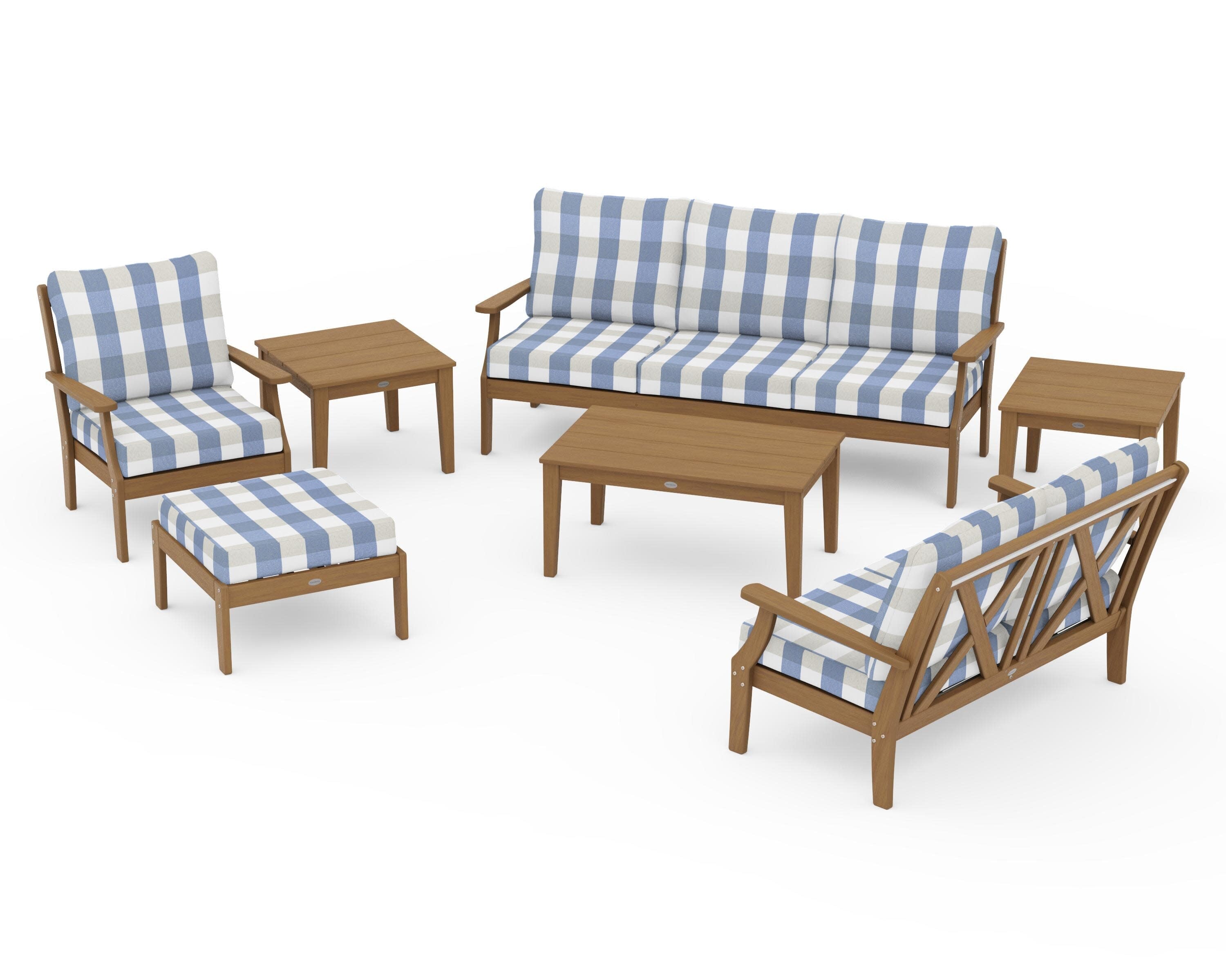 Braxton 7-Piece Deep Seating Set in Natural / Buffalo Plaid Sky Blue