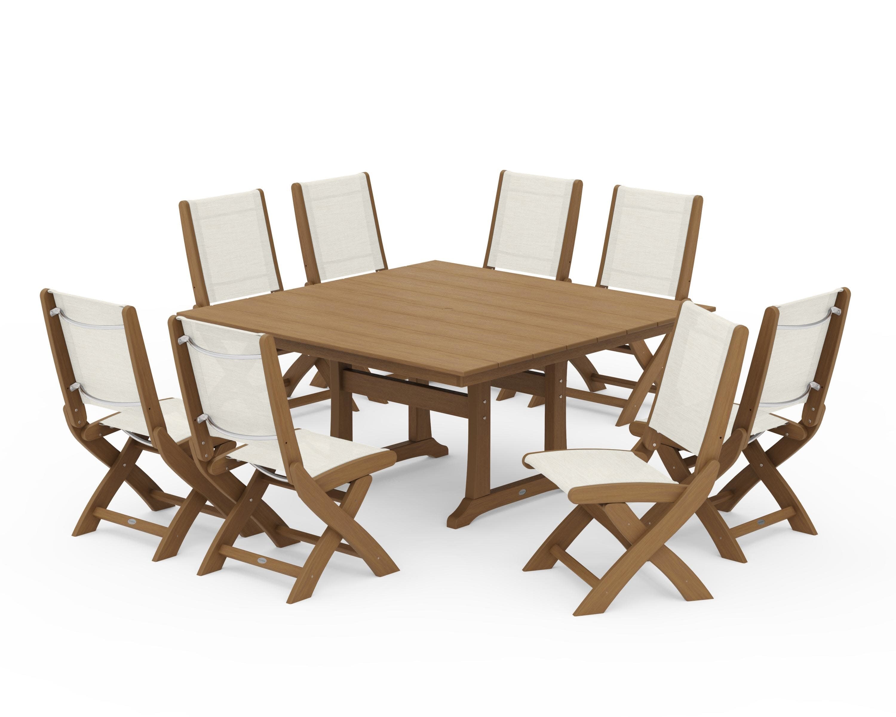 Coastal Folding Side Chair 9-Piece Farmhouse Dining Set in Natural / Parchment Sling