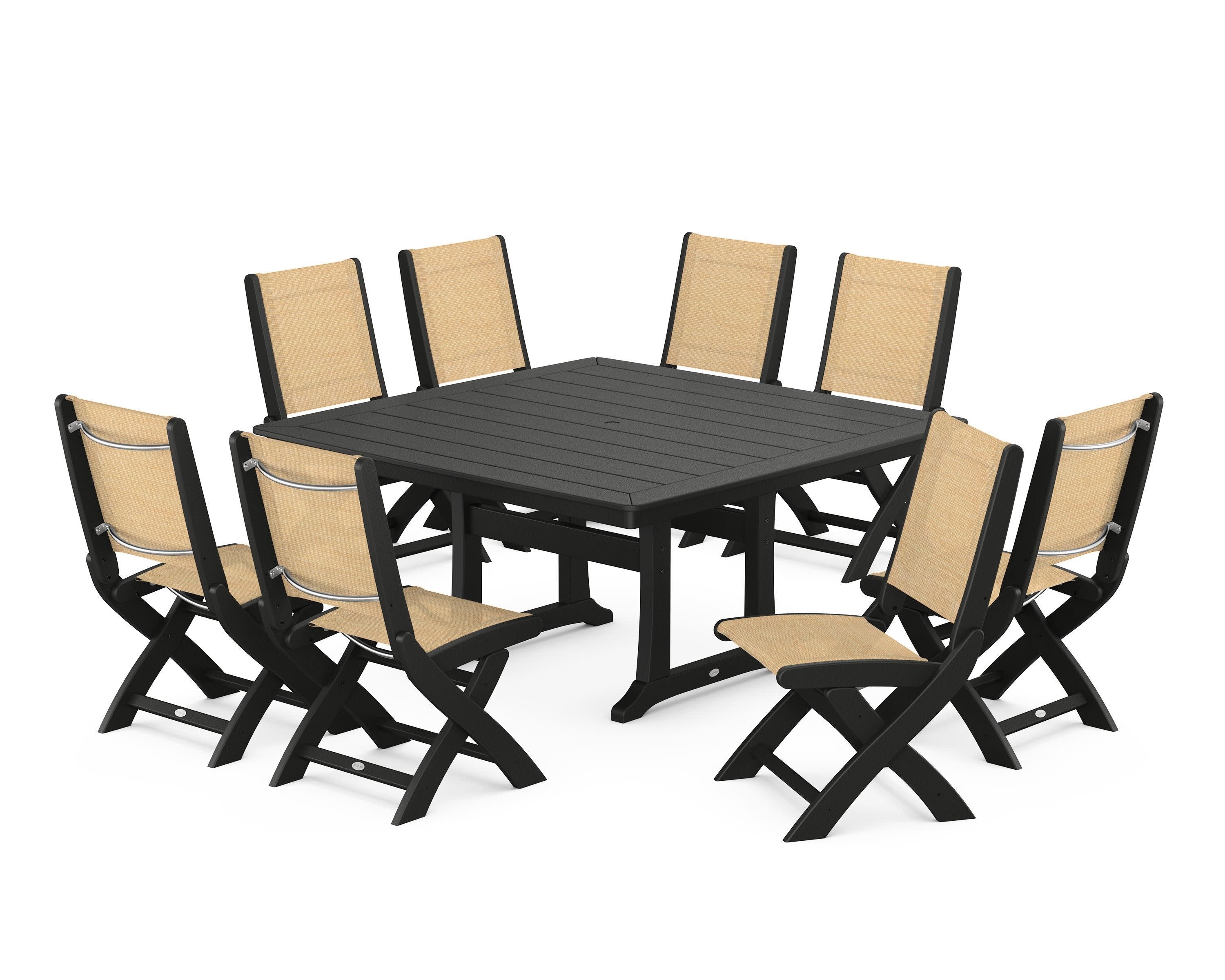 Coastal Folding Side Chair 9-Piece Dining Set with Trestle Legs in Black / Dupioni Apricot Sling