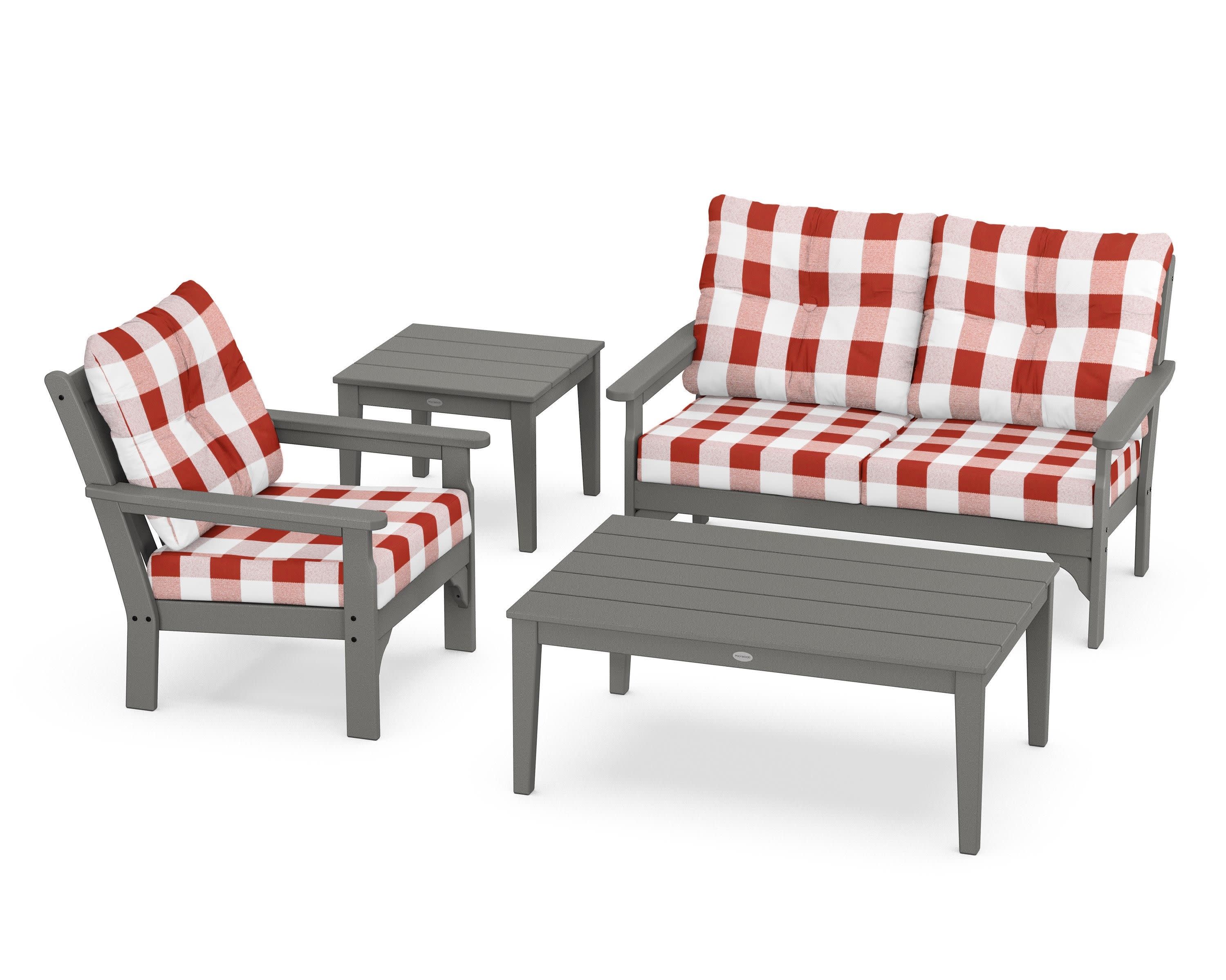 Vineyard 4-Piece Deep Seating Set in Slate Grey / Buffalo Plaid Crimson