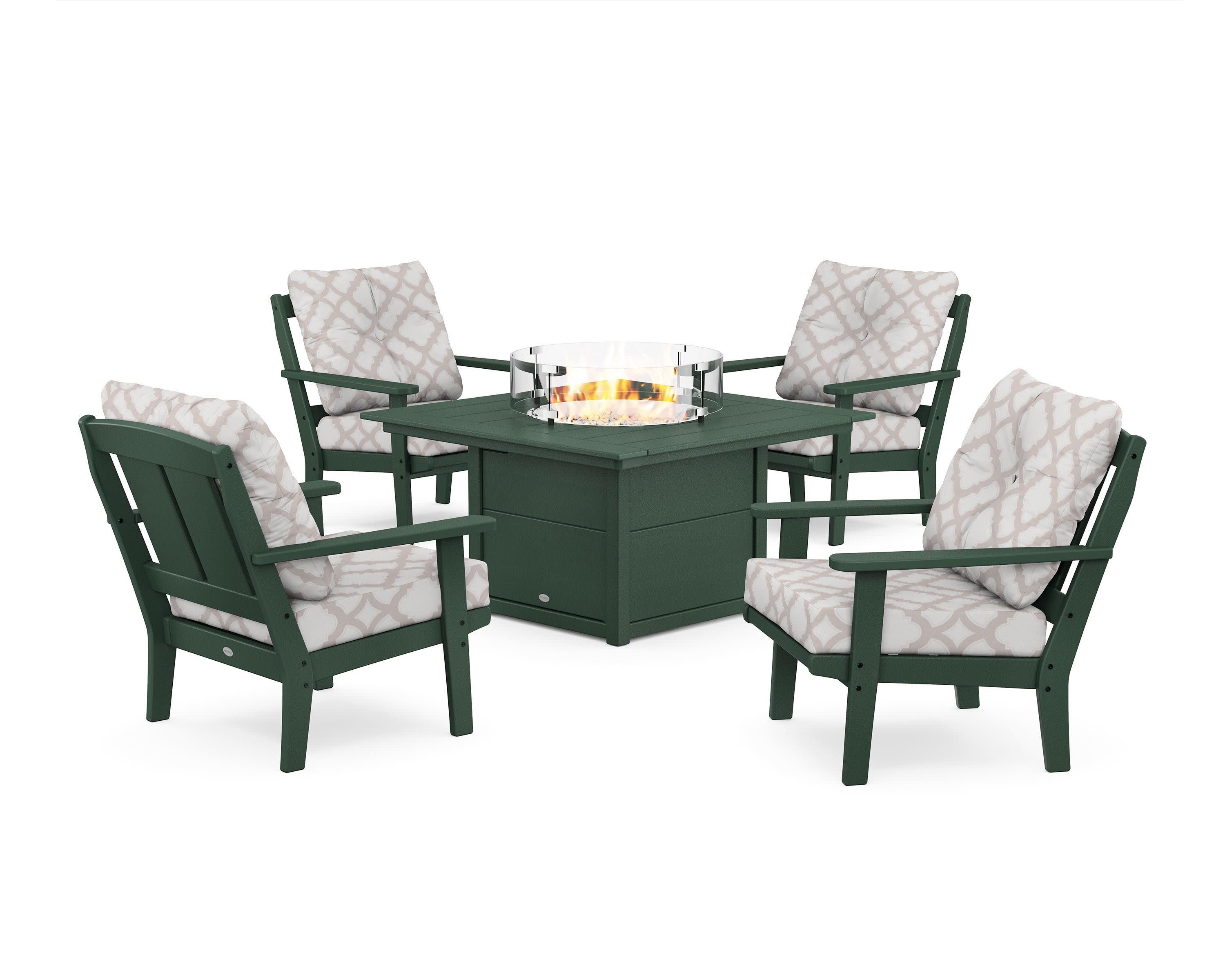 Mission 5-Piece Deep Seating Set with Fire Pit Table in Green / Trellis Dune Burlap