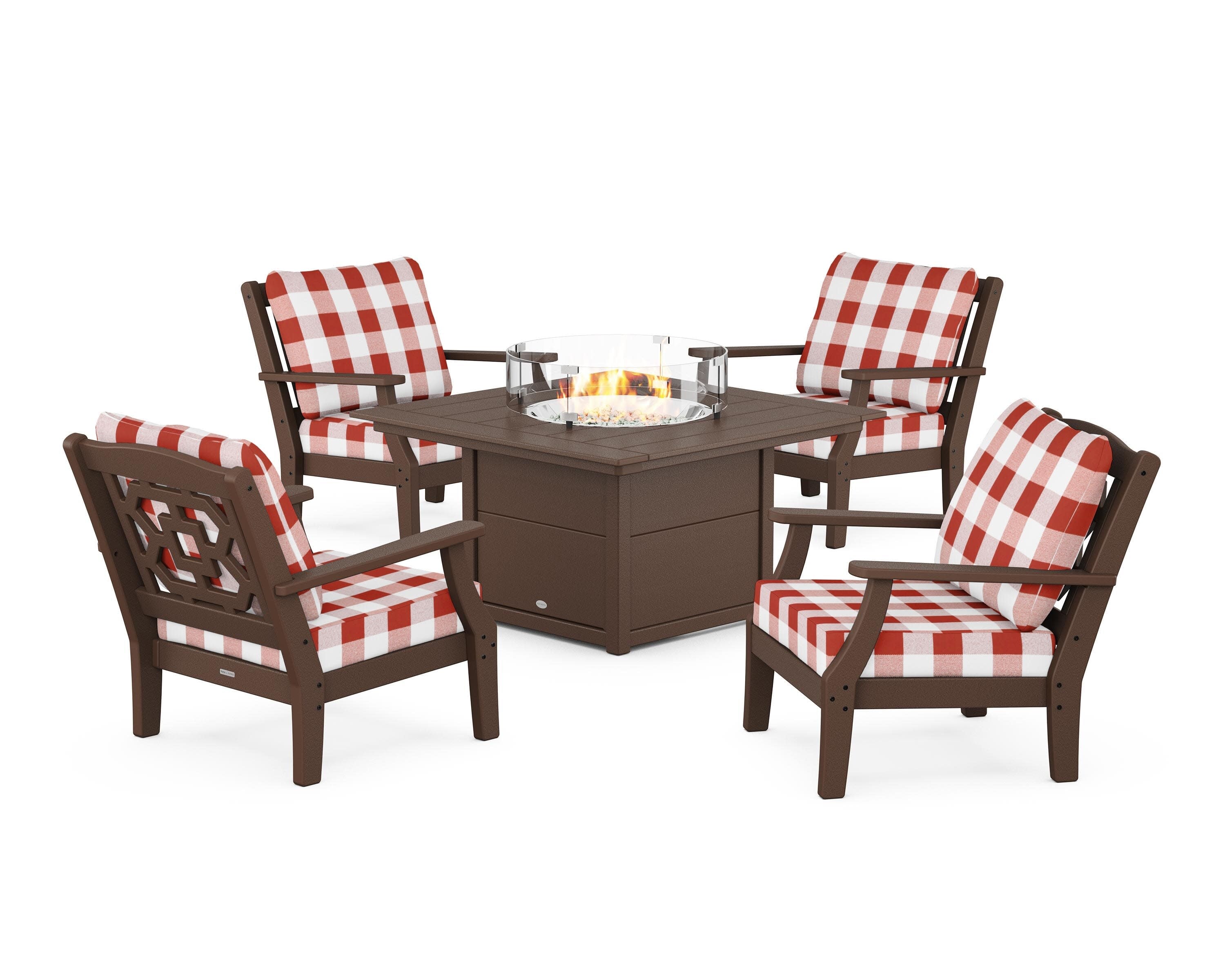 Chinoiserie 5-Piece Deep Seating Set with Fire Pit Table in Mahogany / Buffalo Plaid Crimson