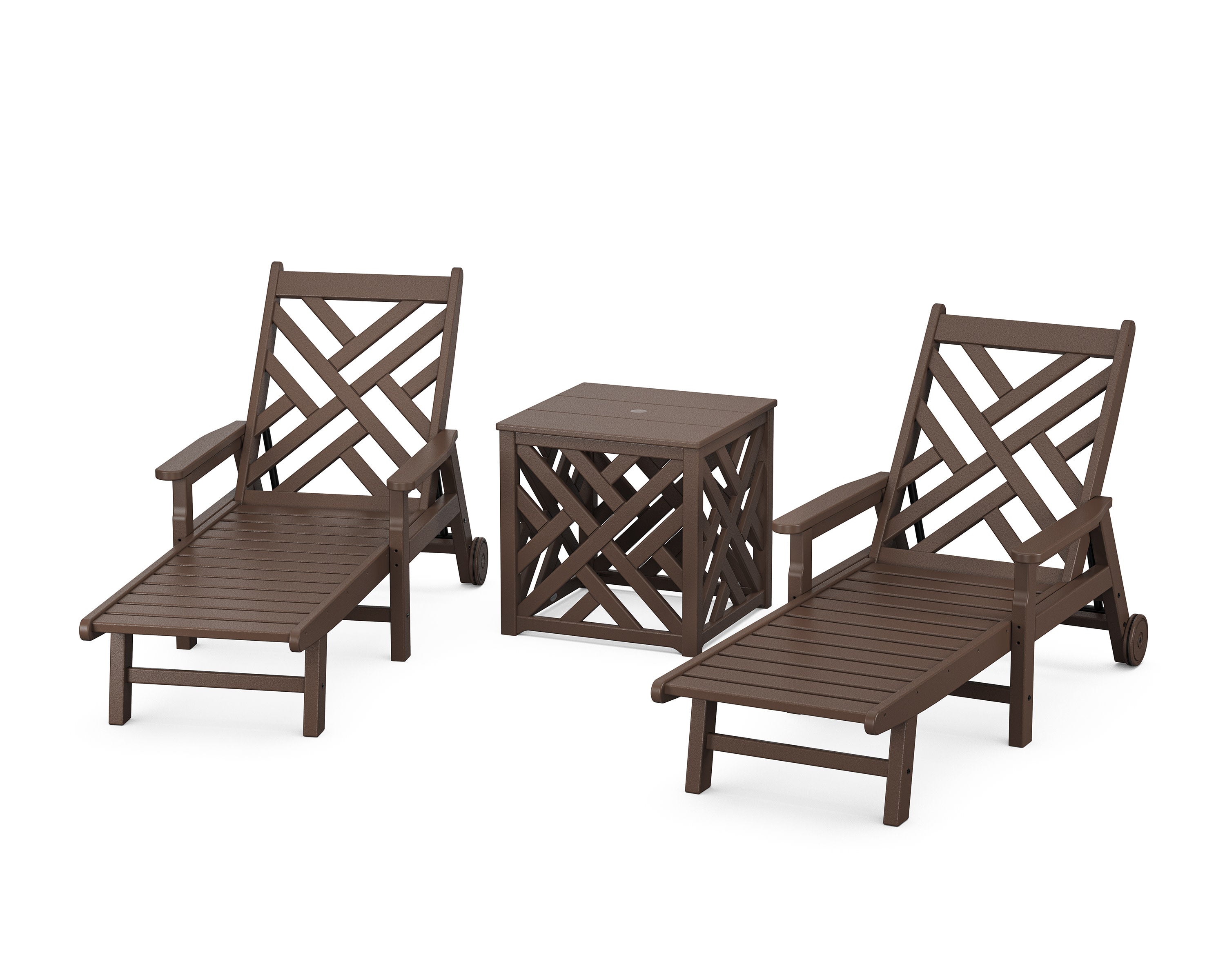 Chippendale 3-Piece Chaise Set with Umbrella Stand Accent Table in Mahogany