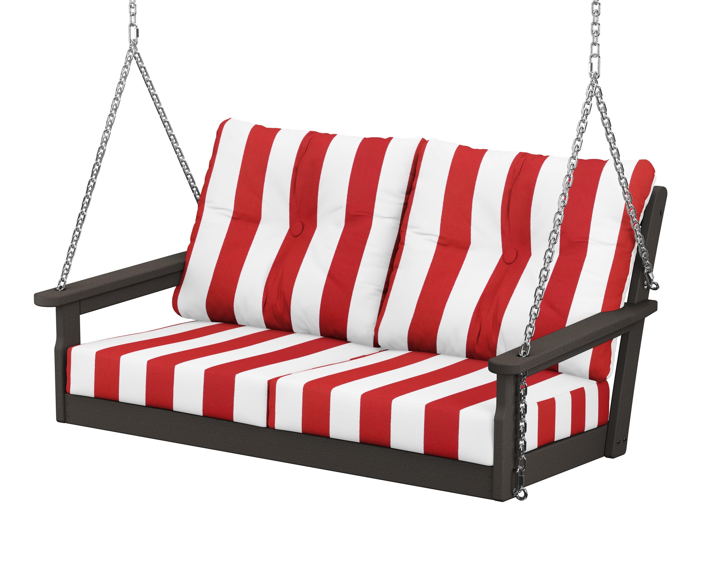 Vineyard Deep Seating Swing in Vintage Coffee / Cabana Stripe Crimson