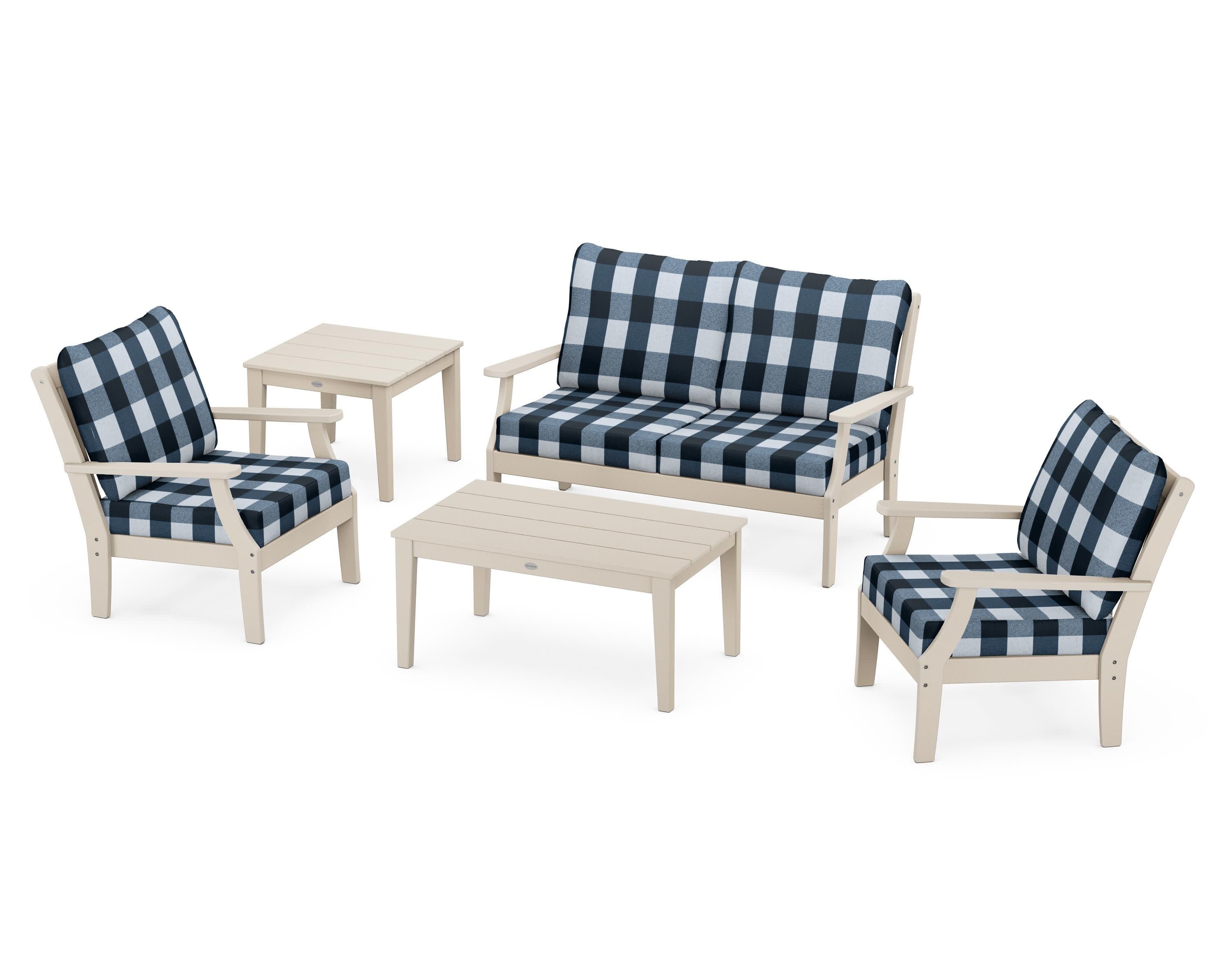 Braxton 5-Piece Deep Seating Set in Sand / Buffalo Plaid Marine Indigo