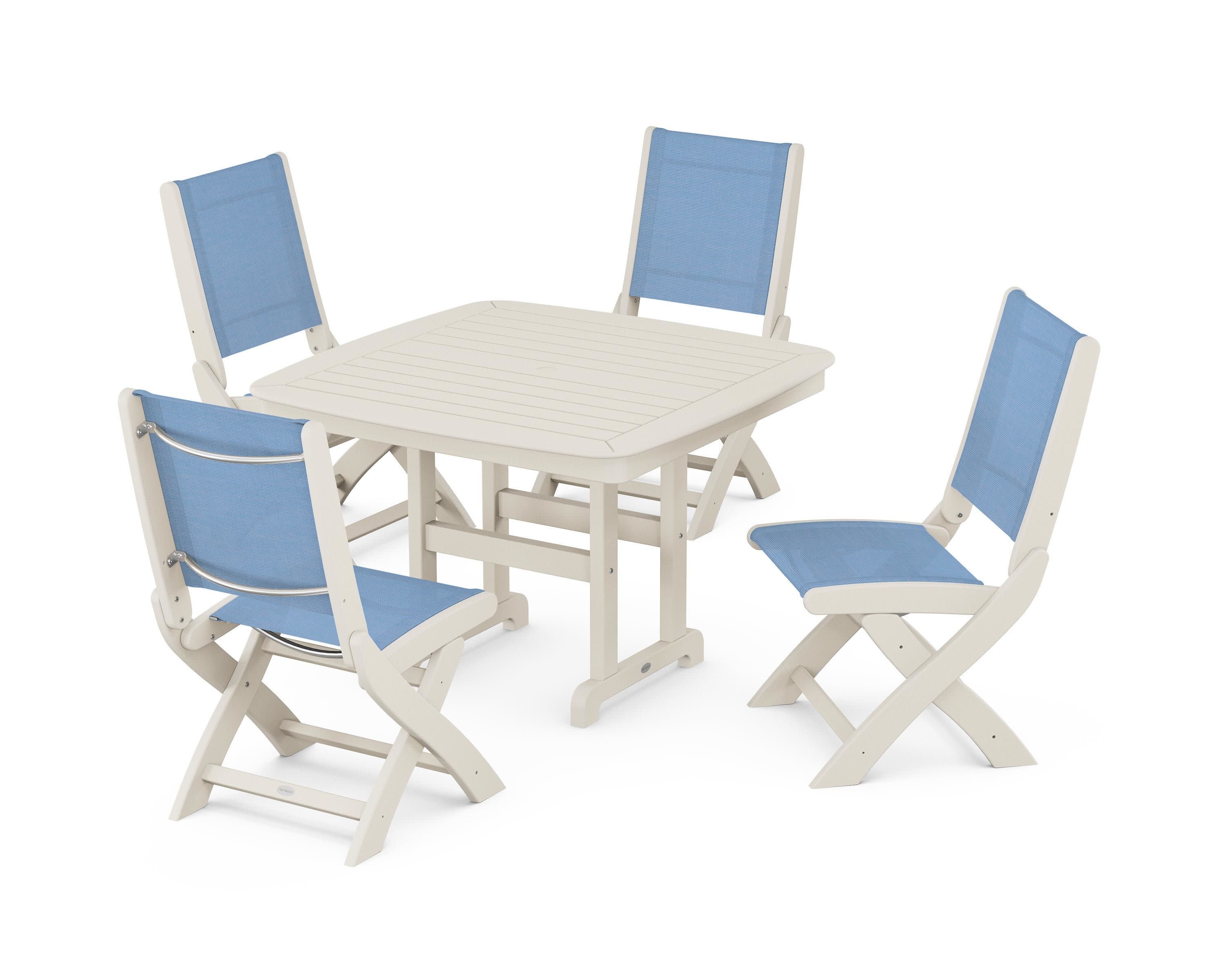Coastal Folding Side Chair 5-Piece Dining Set in Sand / Poolside Sling