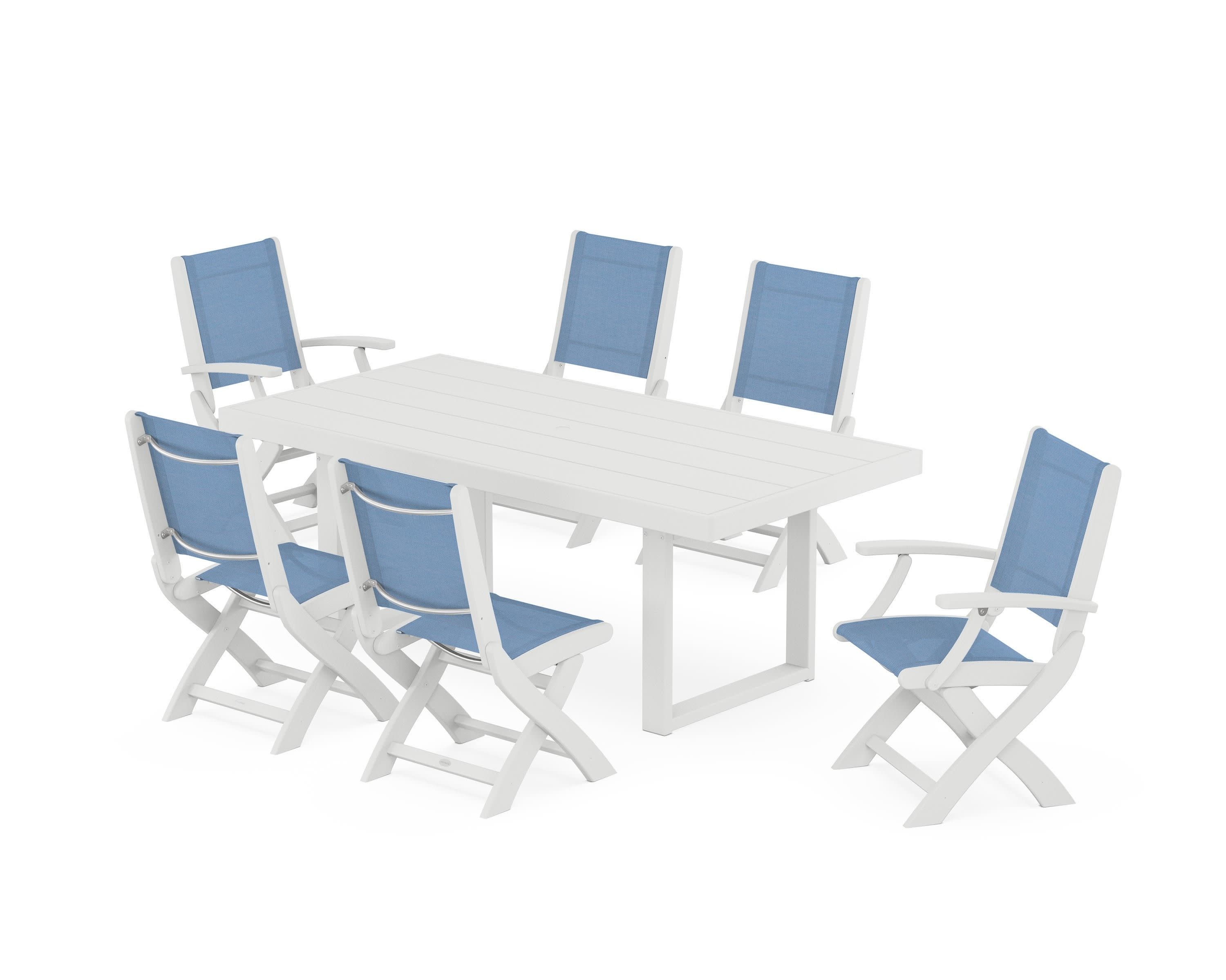 Coastal Folding Chair 7-Piece Dining Set with Trestle Legs in White / Poolside Sling