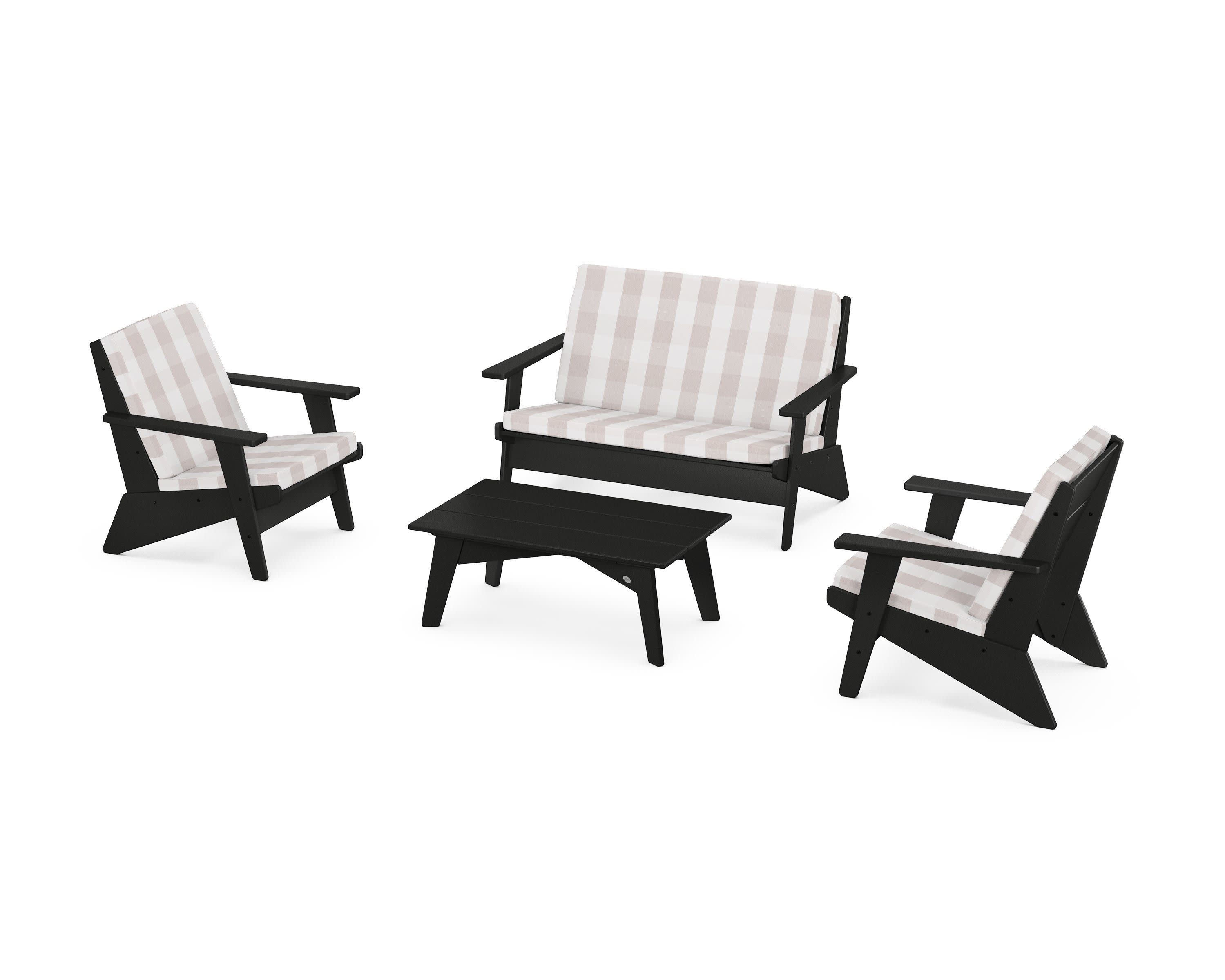 Riviera Modern Lounge 4-Piece Set in Black / Buffalo Plaid Dune Burlap