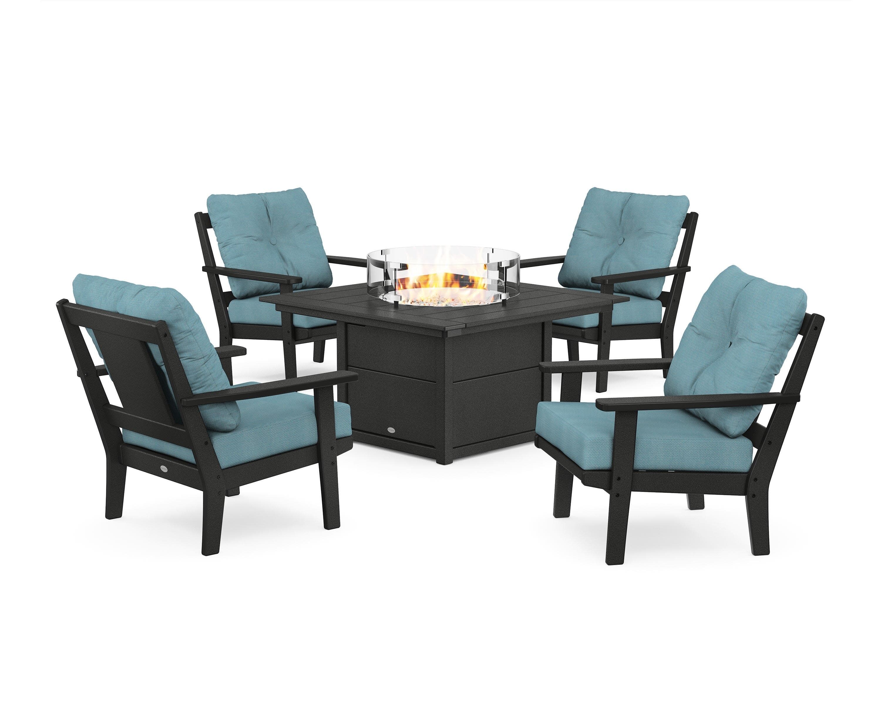 Prairie 5-Piece Deep Seating Set with Fire Pit Table in Black / Lattice Sky Blue