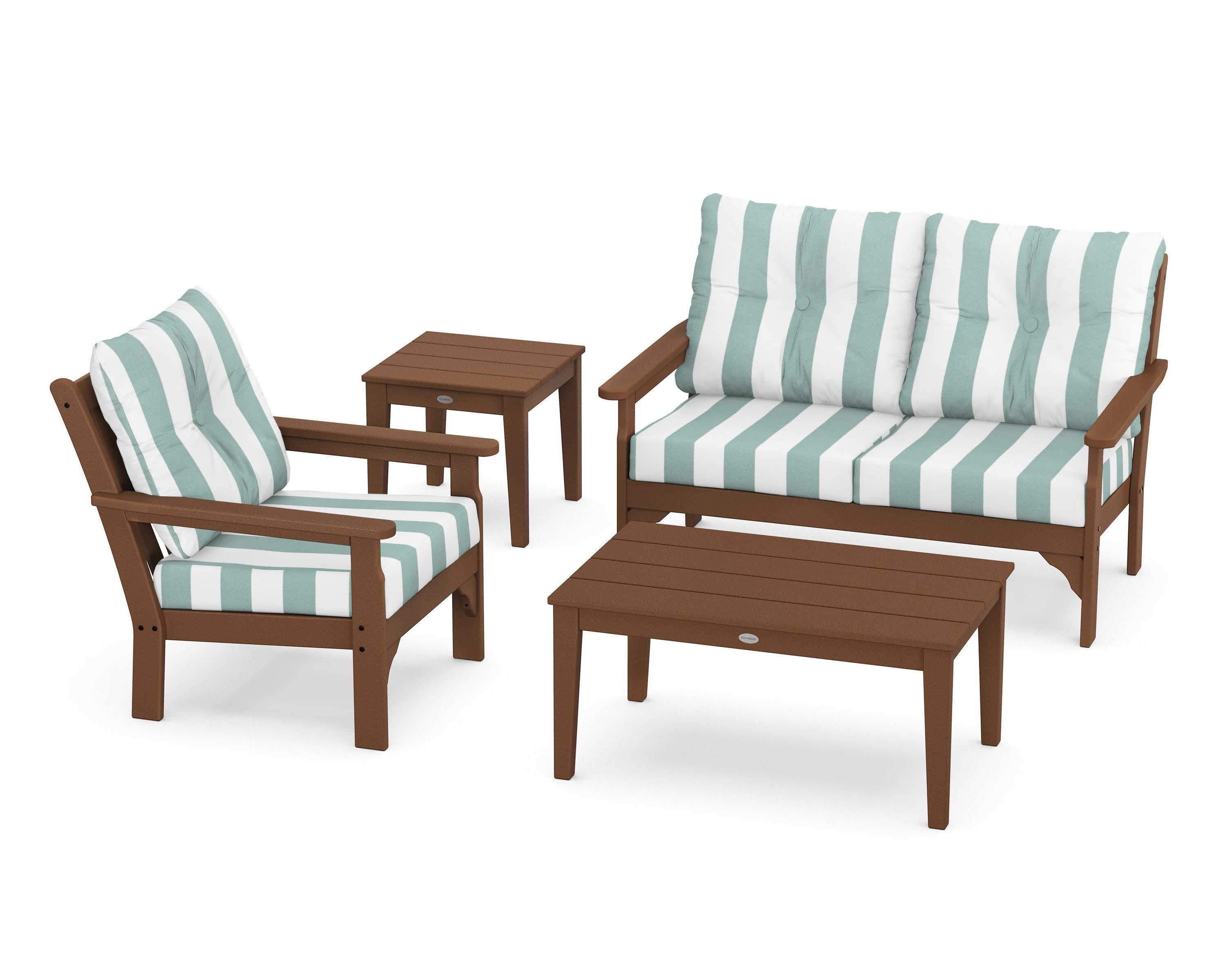 Vineyard 4-Piece Deep Seating Set in Teak / Cabana Stripe Glacier Spa