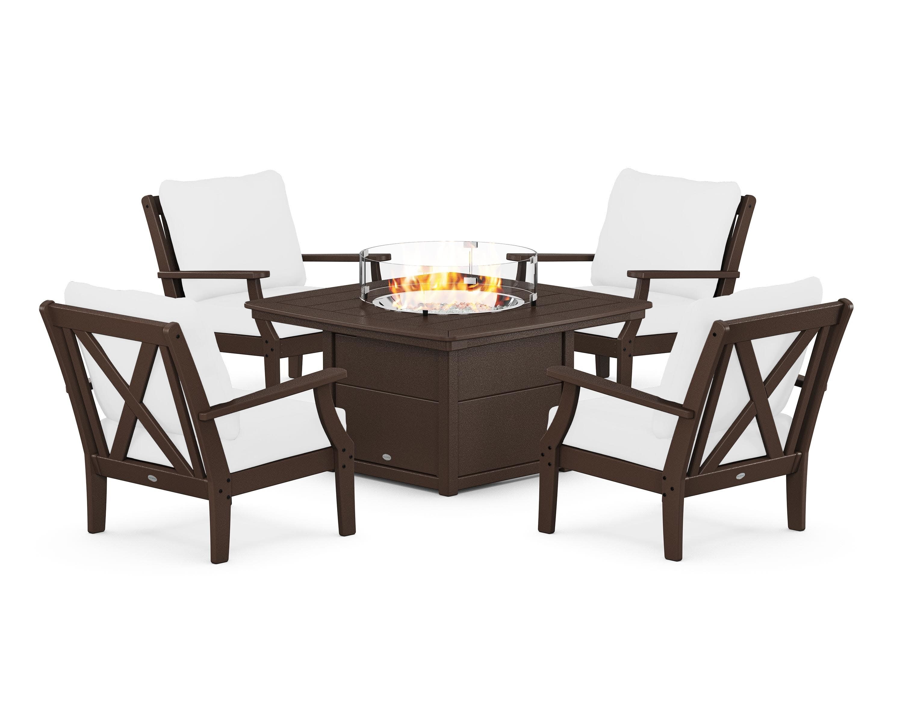 Braxton 5-Piece Deep Seating Conversation Set with Fire Pit Table in Mahogany / Natural