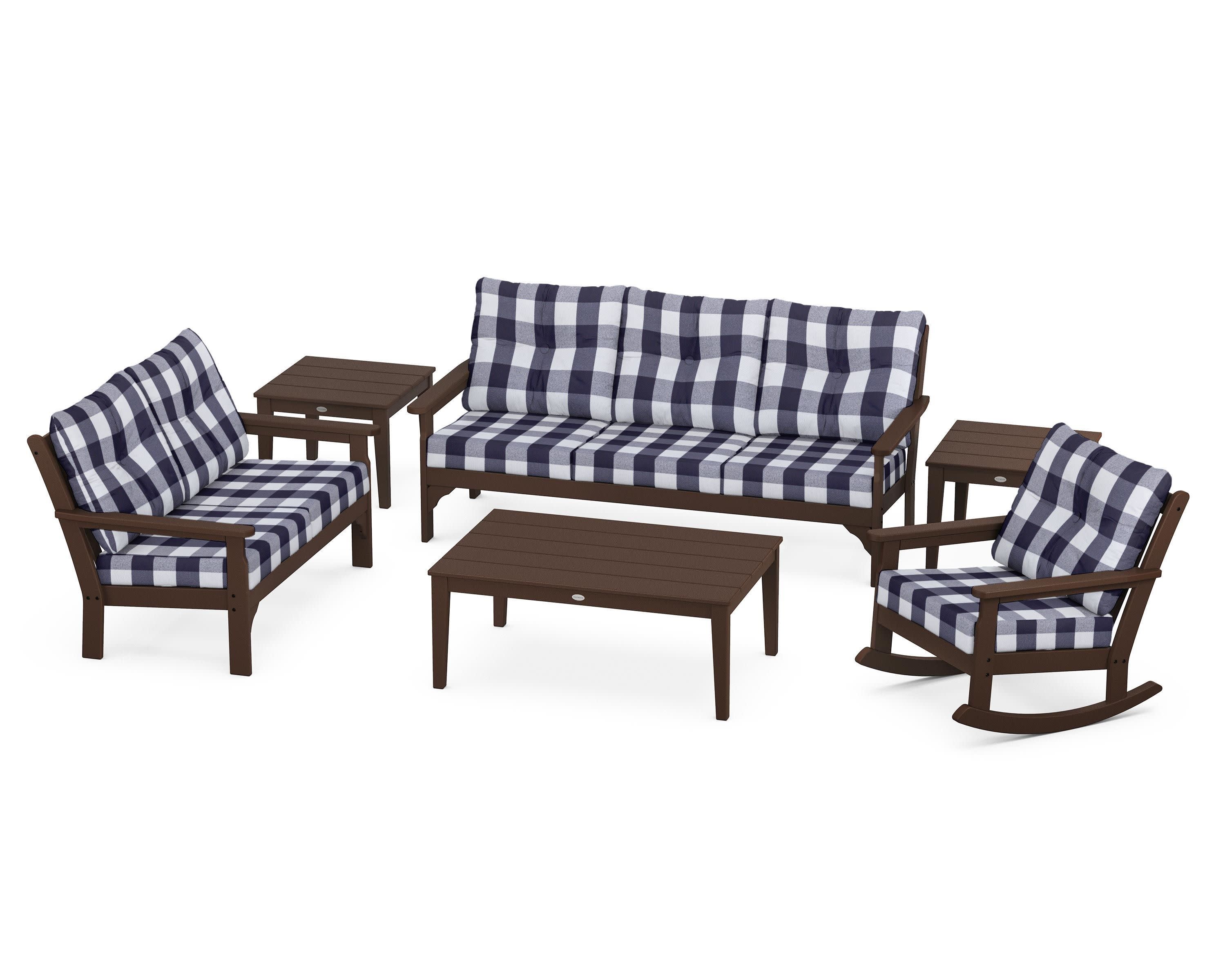 Vineyard 6-Piece Deep Seating Set in Mahogany / Buffalo Plaid Navy