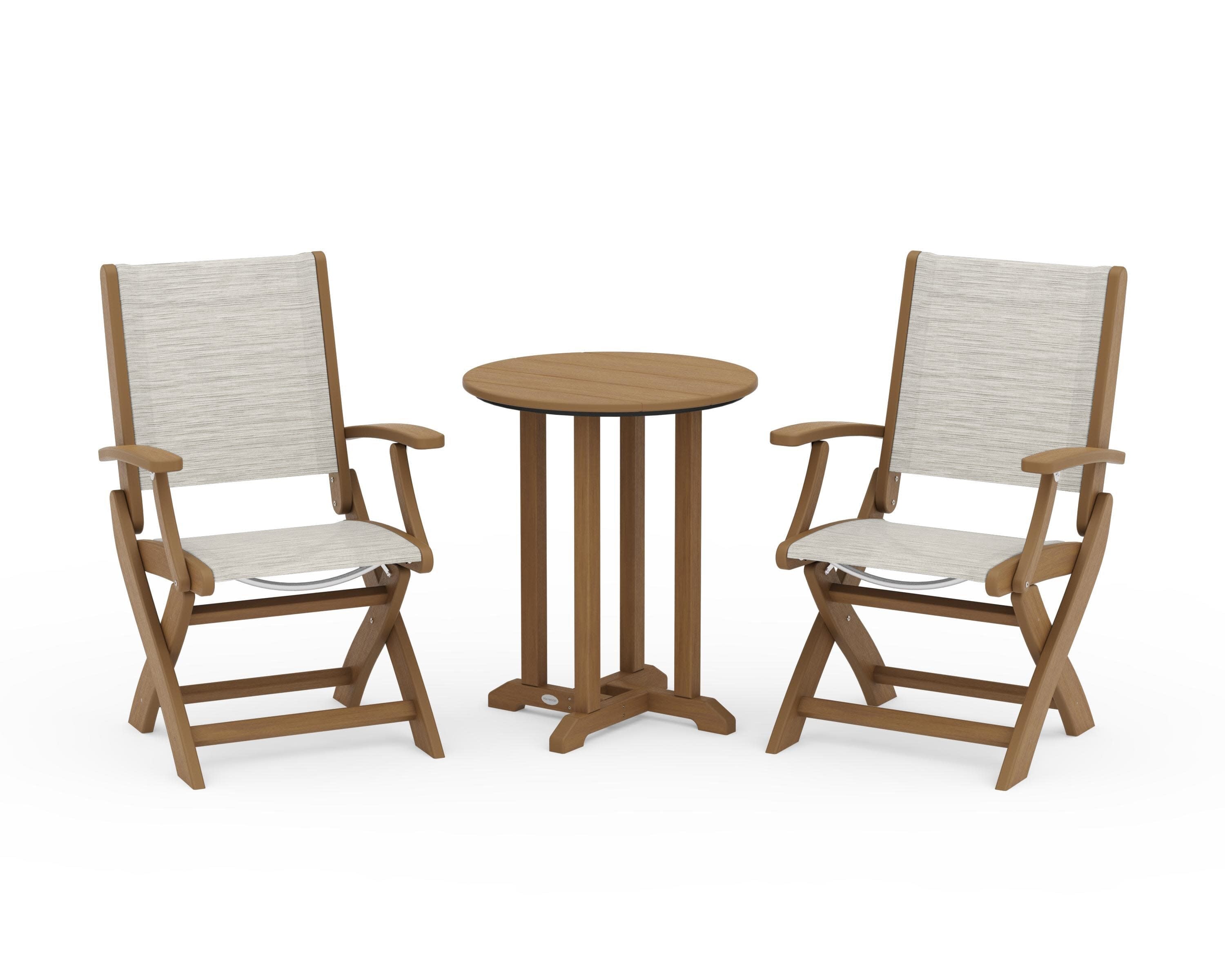 Coastal Folding 3-Piece Round Bistro Dining Set in Natural / Birch Sling