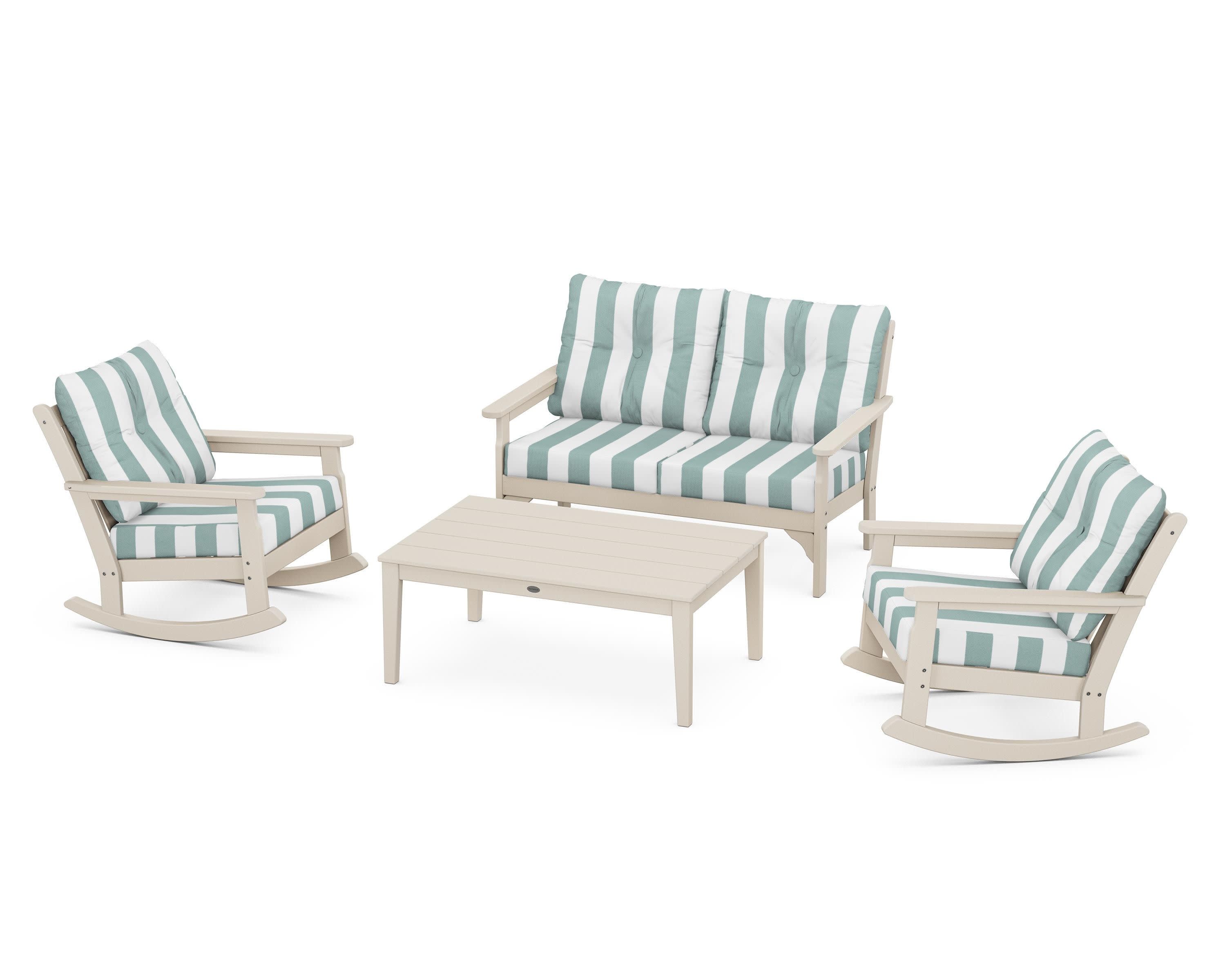 Vineyard 4-Piece Deep Seating Rocking Chair Set in Sand / Cabana Stripe Glacier Spa