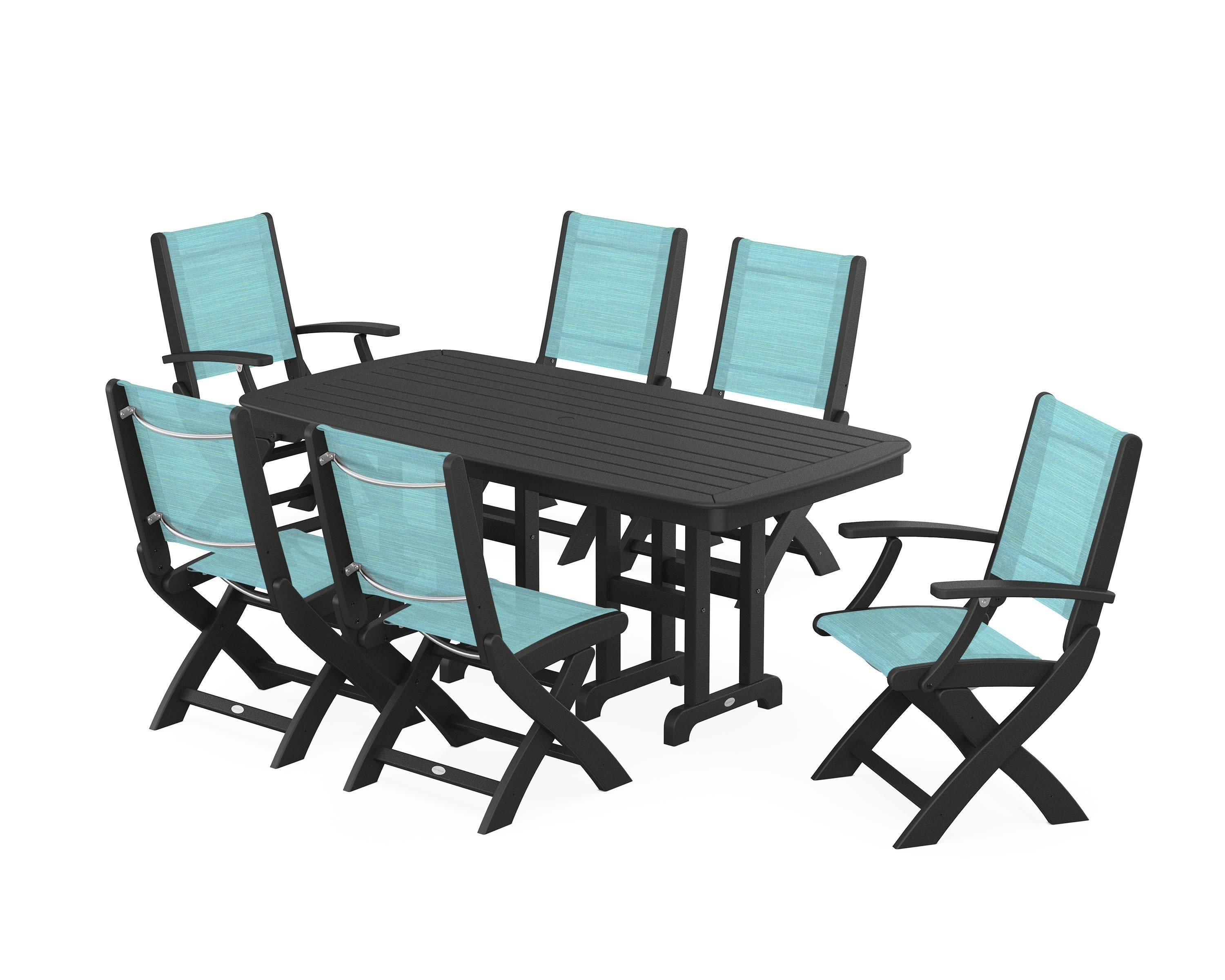 Coastal Folding Chair 7-Piece Dining Set in Black / Dupioni Aquamarine Sling
