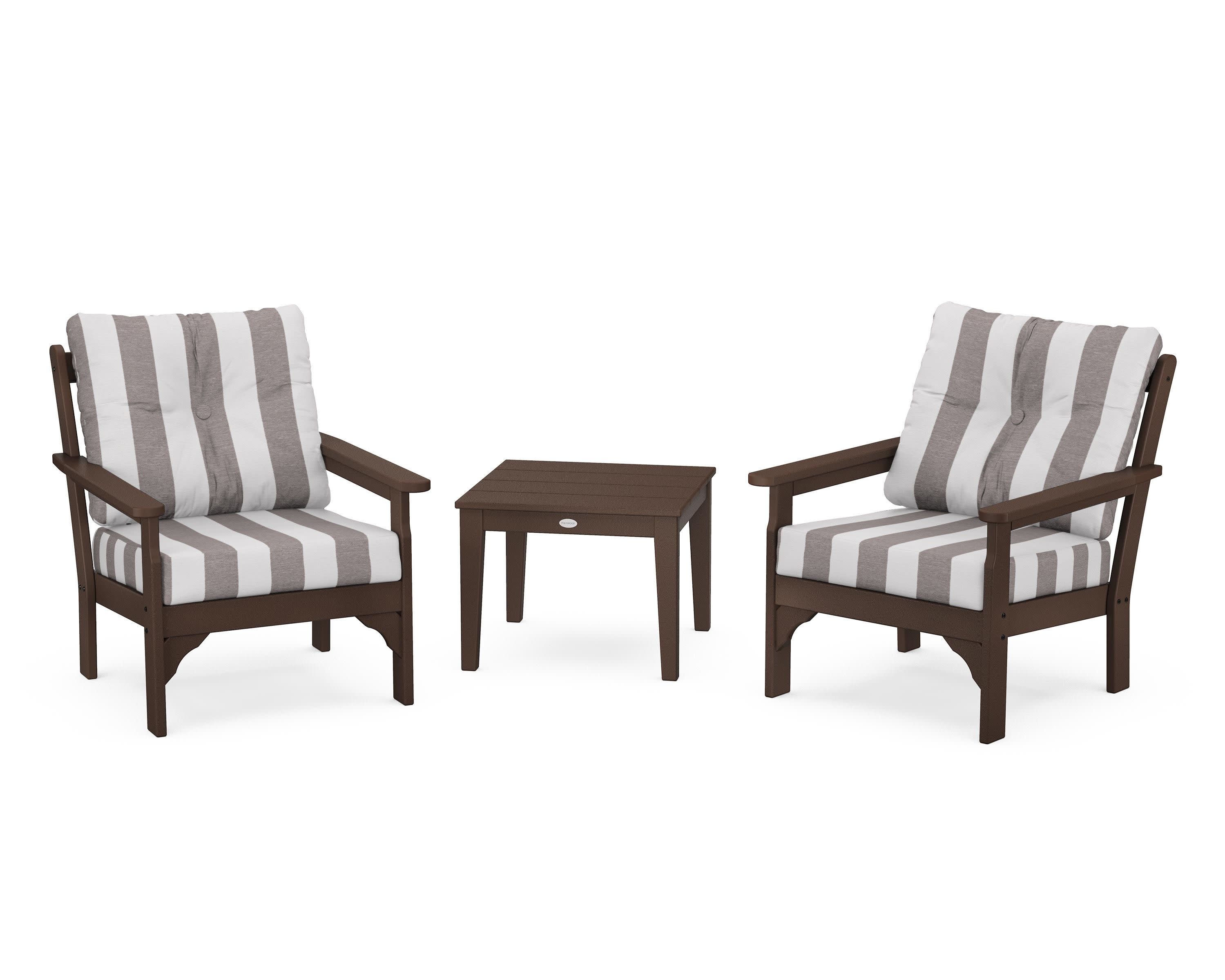 Vineyard 3-Piece Deep Seating Set in Mahogany / Cabana Stripe Grey Mist