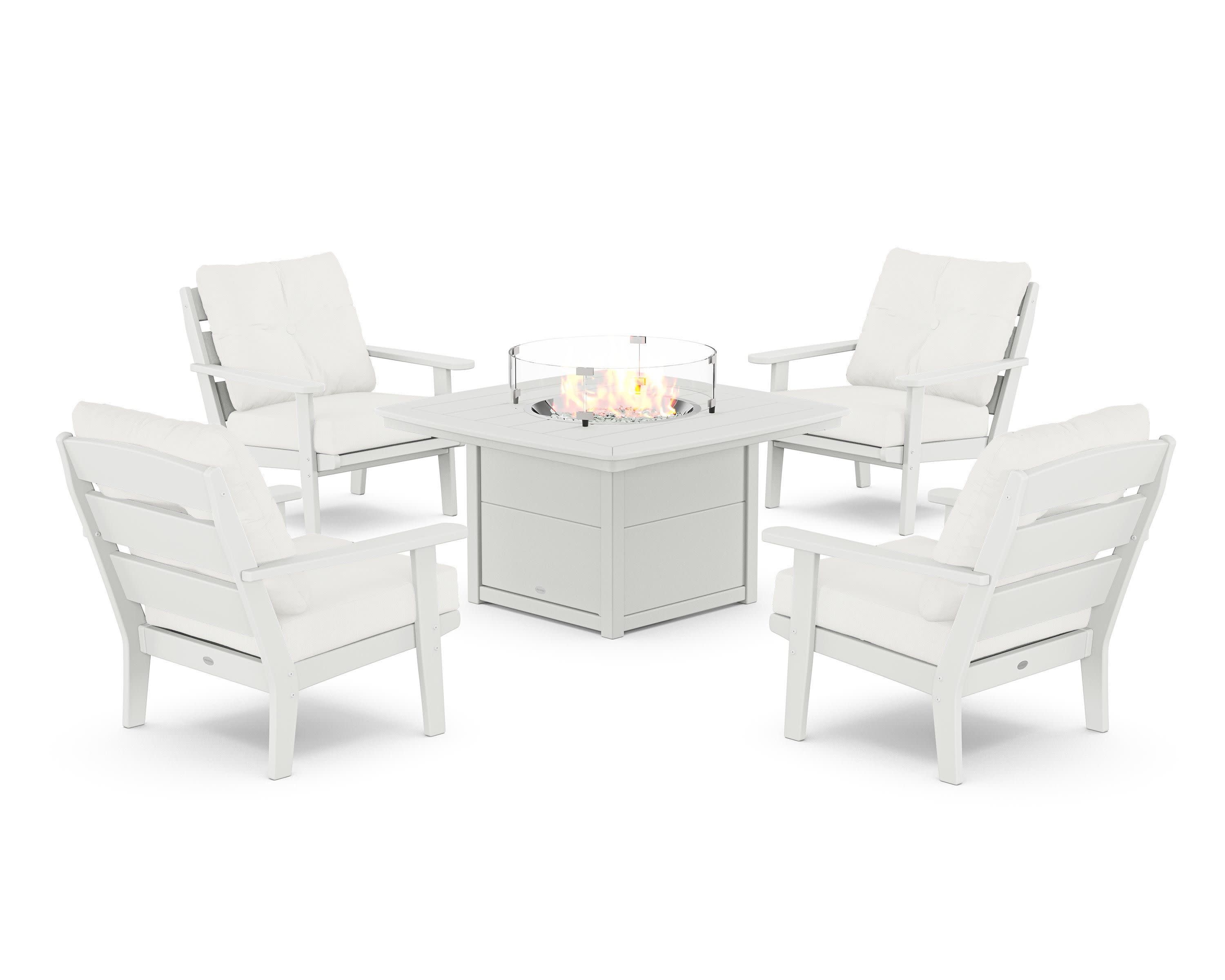 Lakeside 5-Piece Deep Seating Set with Nautical Fire Pit Table in White / Natural Linen