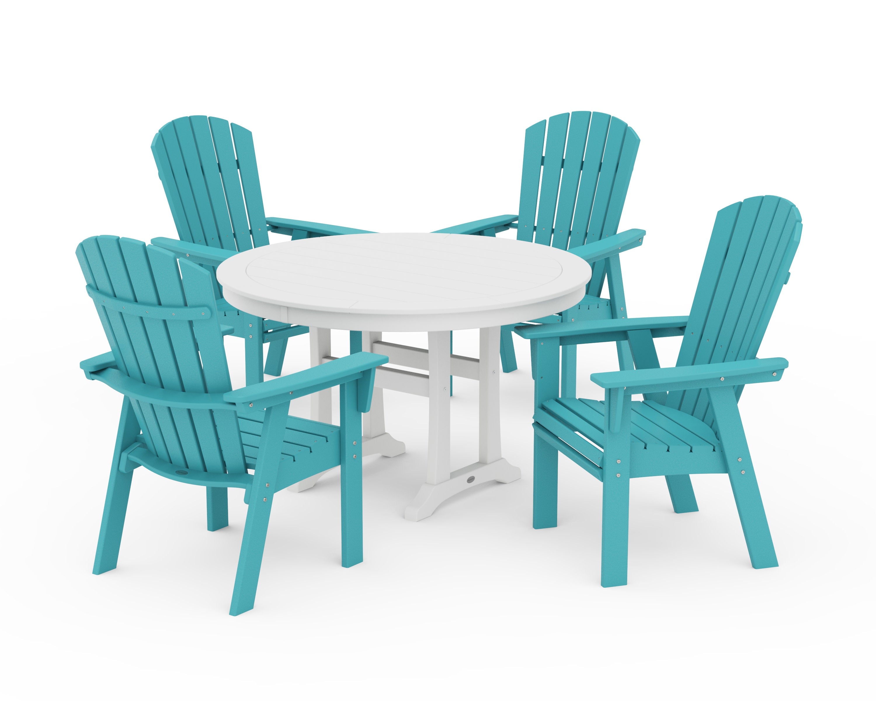 Nautical Curveback Adirondack 5-Piece Round Dining Set with Trestle Legs in Aruba / White