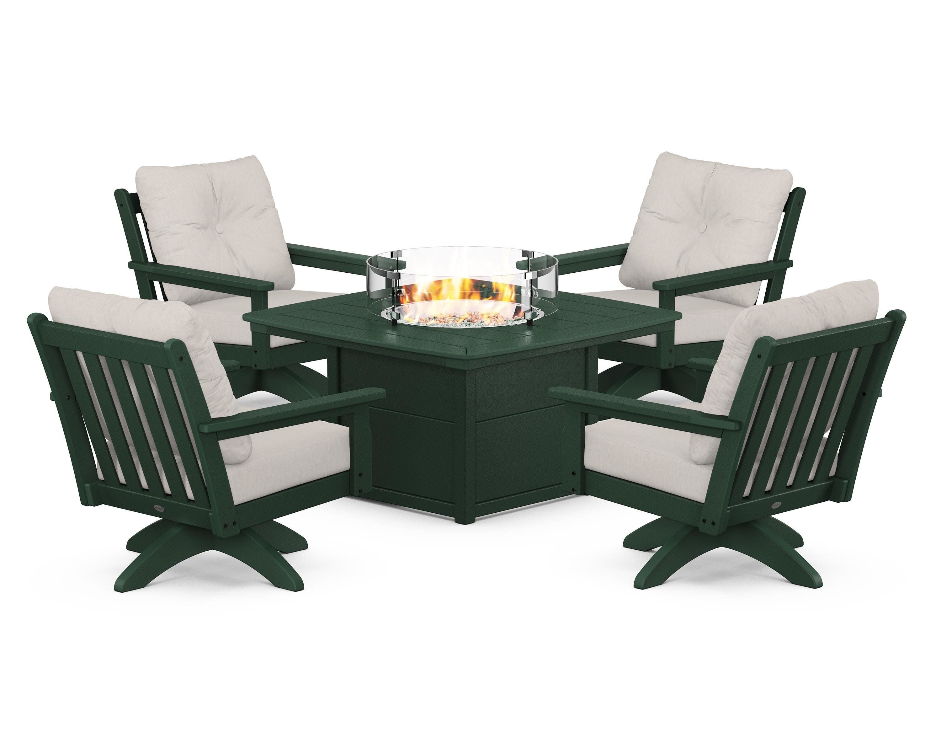 Vineyard 5-Piece Deep Seating Swivel Conversation Set with Fire Pit Table in Green / Cast Ash