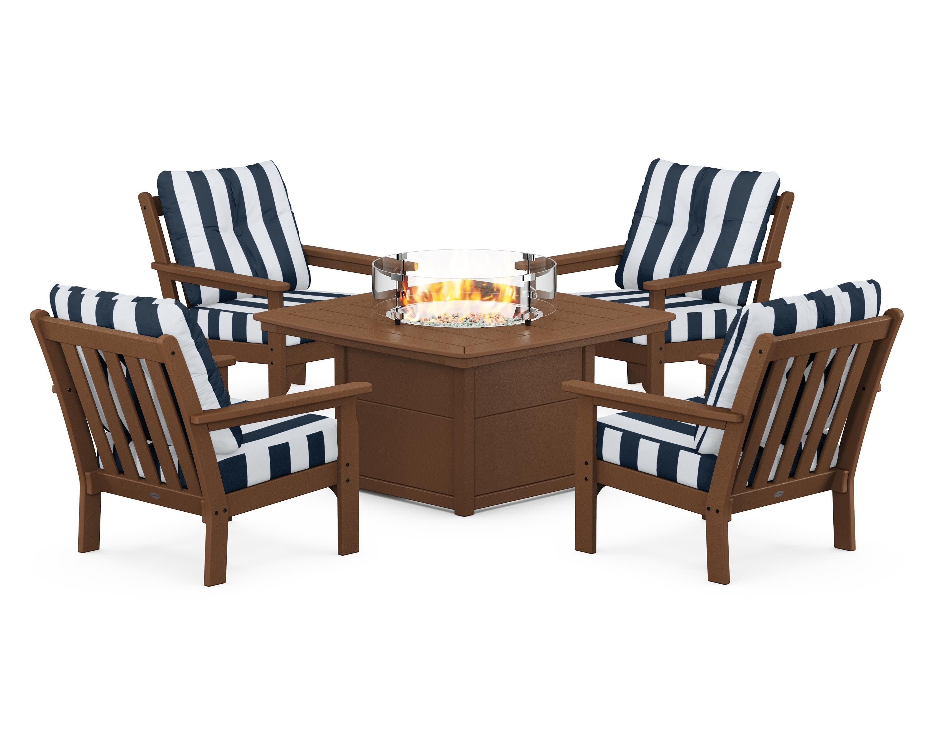 Vineyard 5-Piece Conversation Set with Fire Pit Table in Teak / Cabana Stripe Marine Indigo