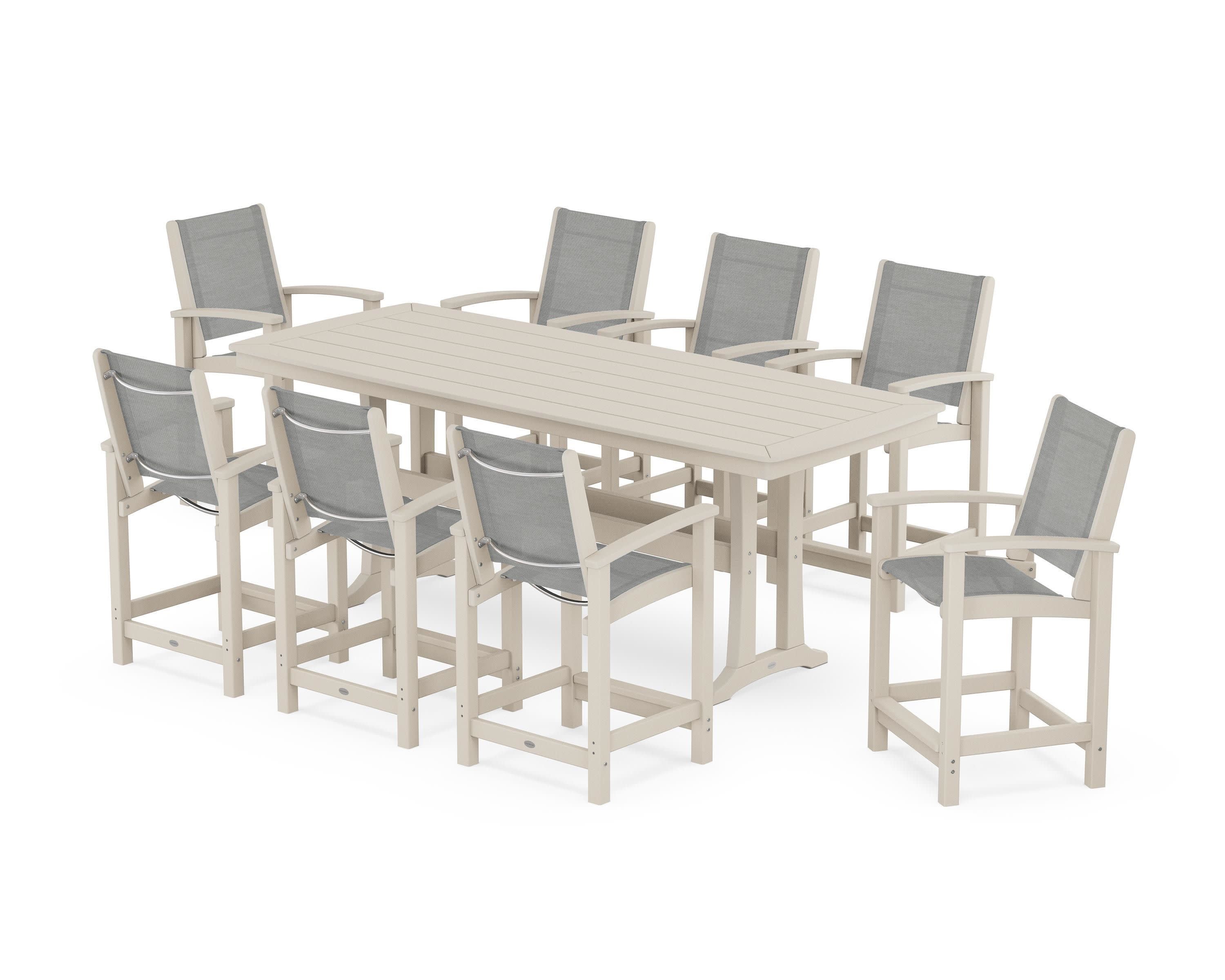 Coastal 9-Piece Counter Set with Trestle Legs in Sand / Metallic Sling