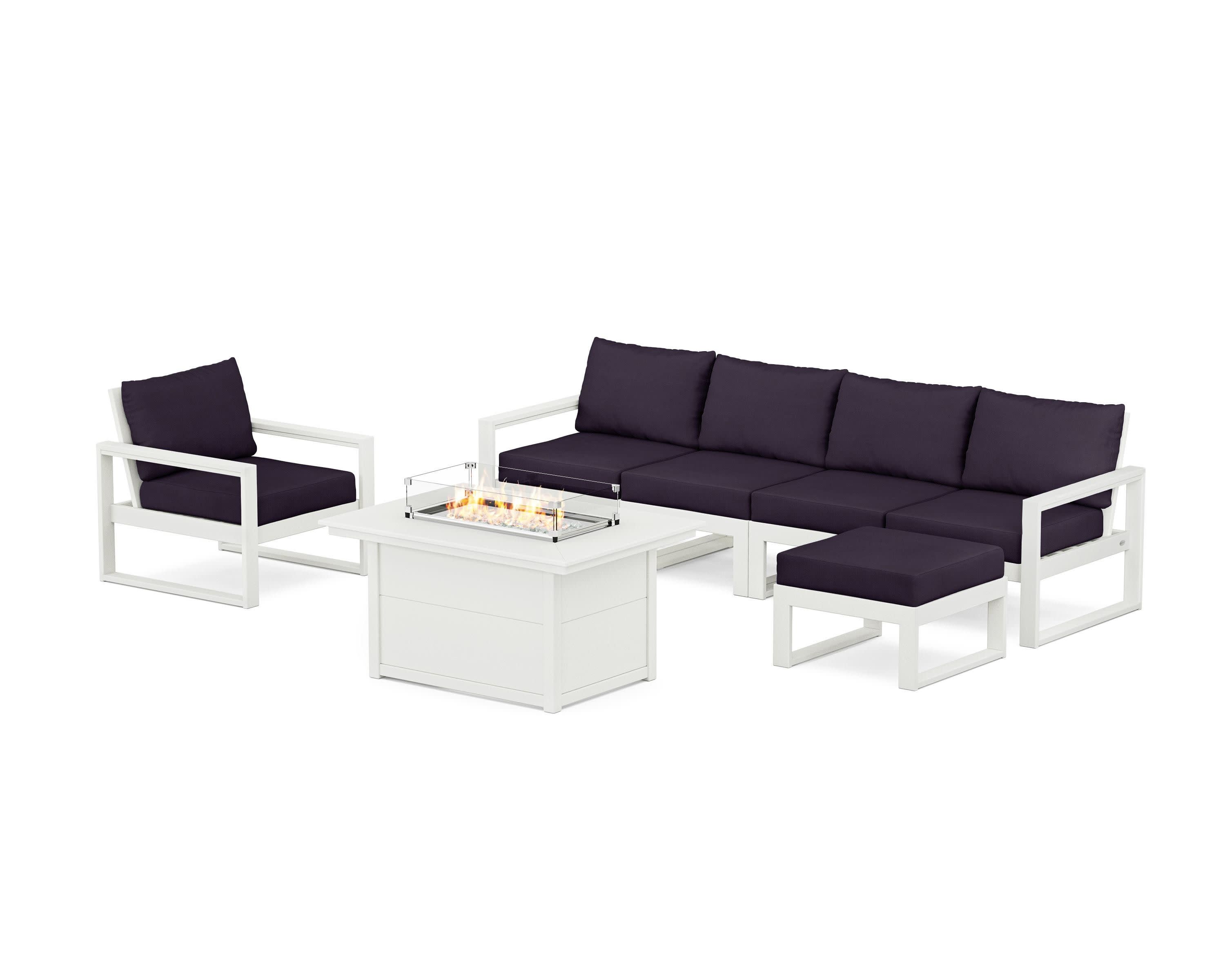 EDGE Sectional Lounge and Fire Pit Set in Vintage White / Navy Linen