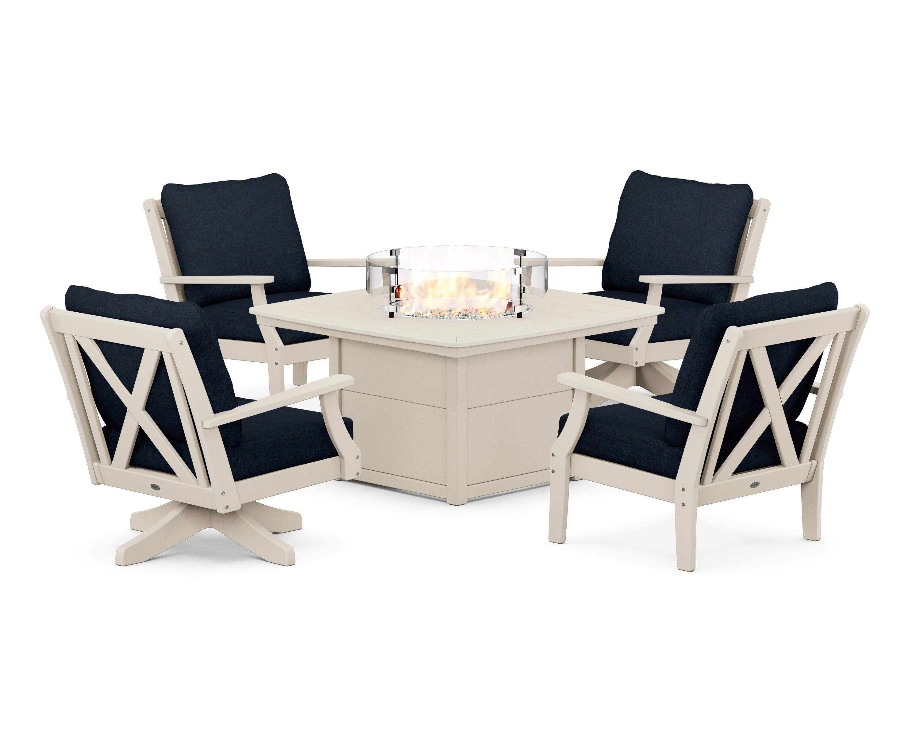 Braxton 5-Piece Deep Seating Set with Fire Table in Sand / Marine Indigo