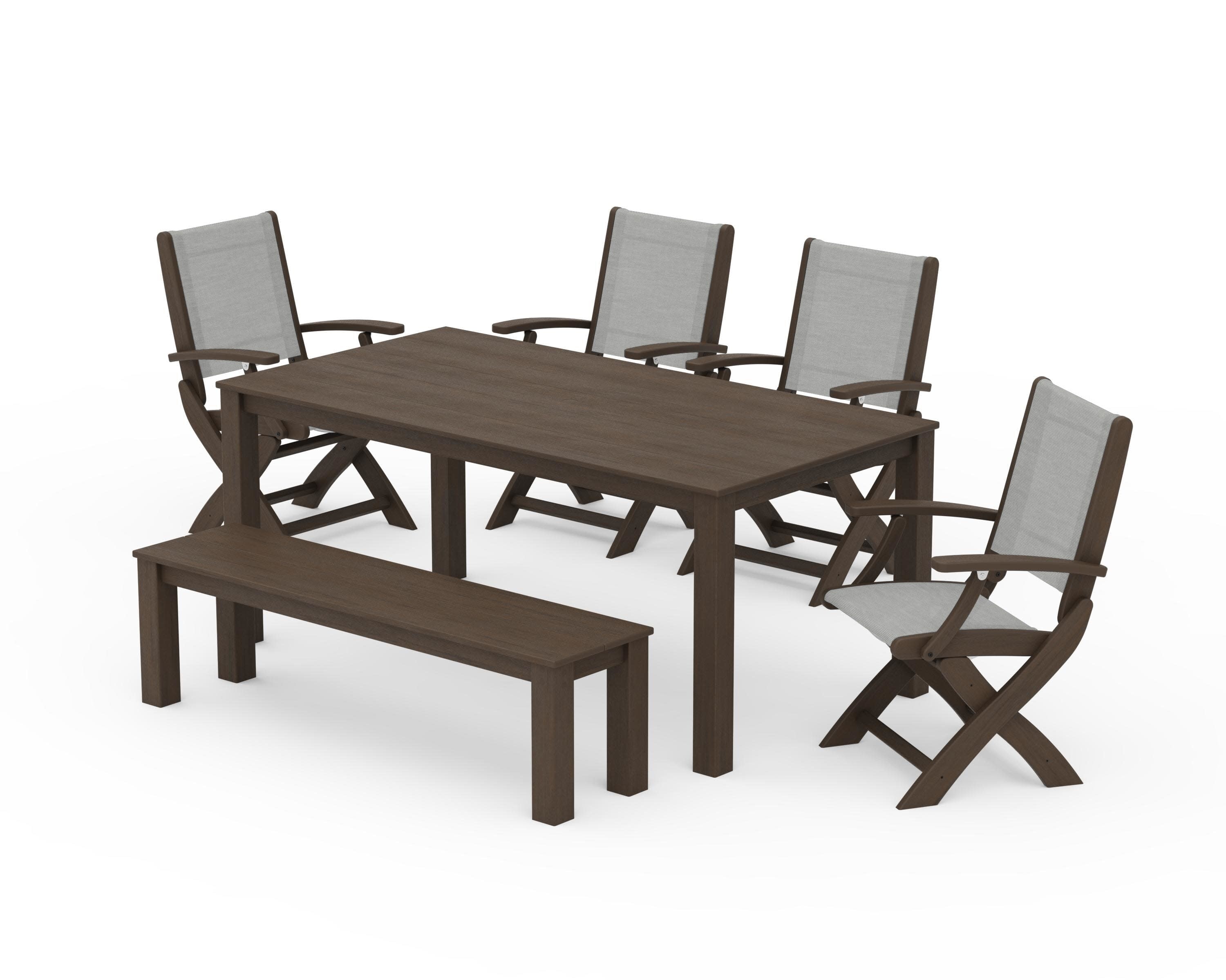 Coastal Folding Chair 6-Piece Parsons Dining Set with Bench in Kona / Metallic Sling