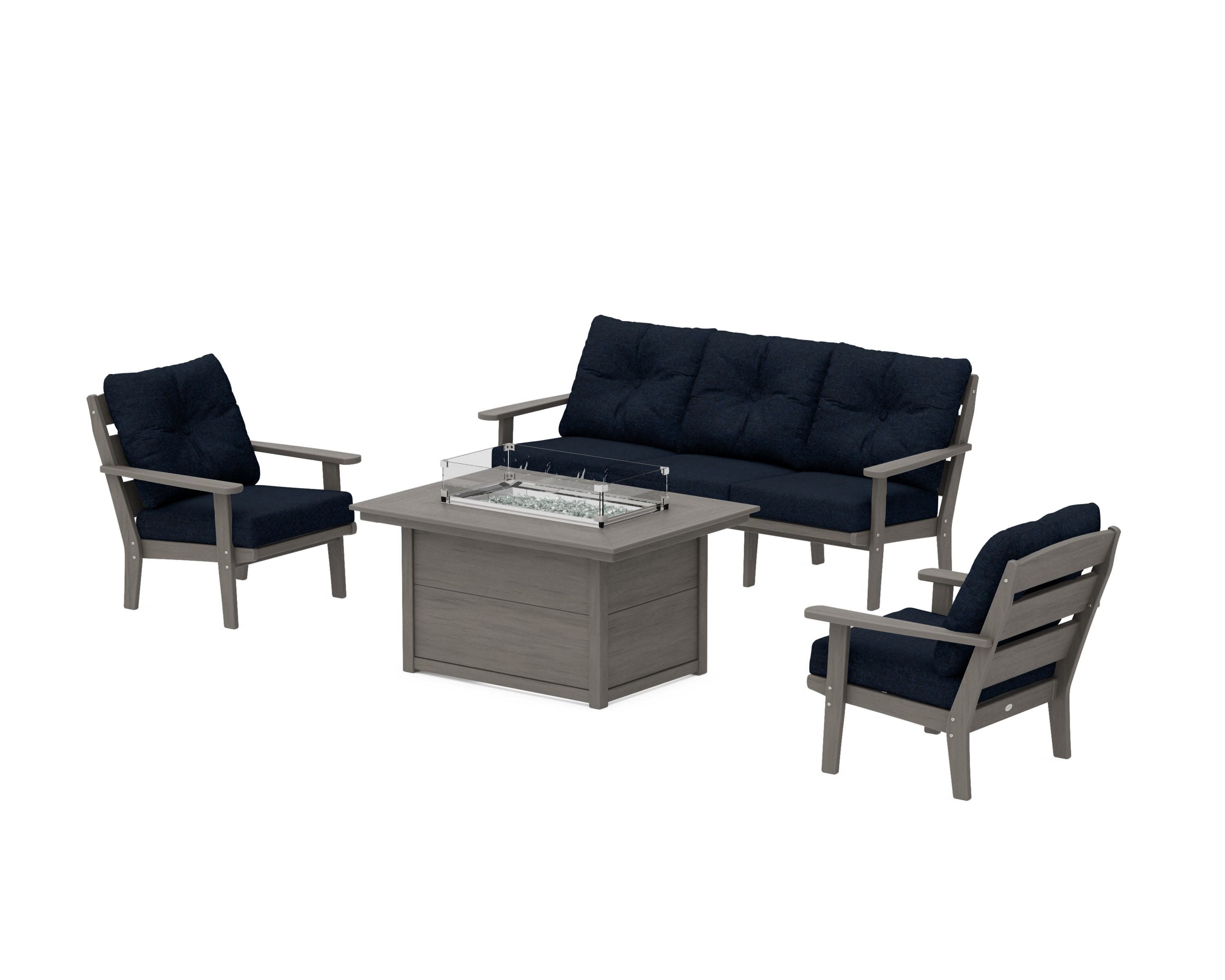 Lakeside Deep Seating Fire Pit Table Set in Driftwood / Marine Indigo