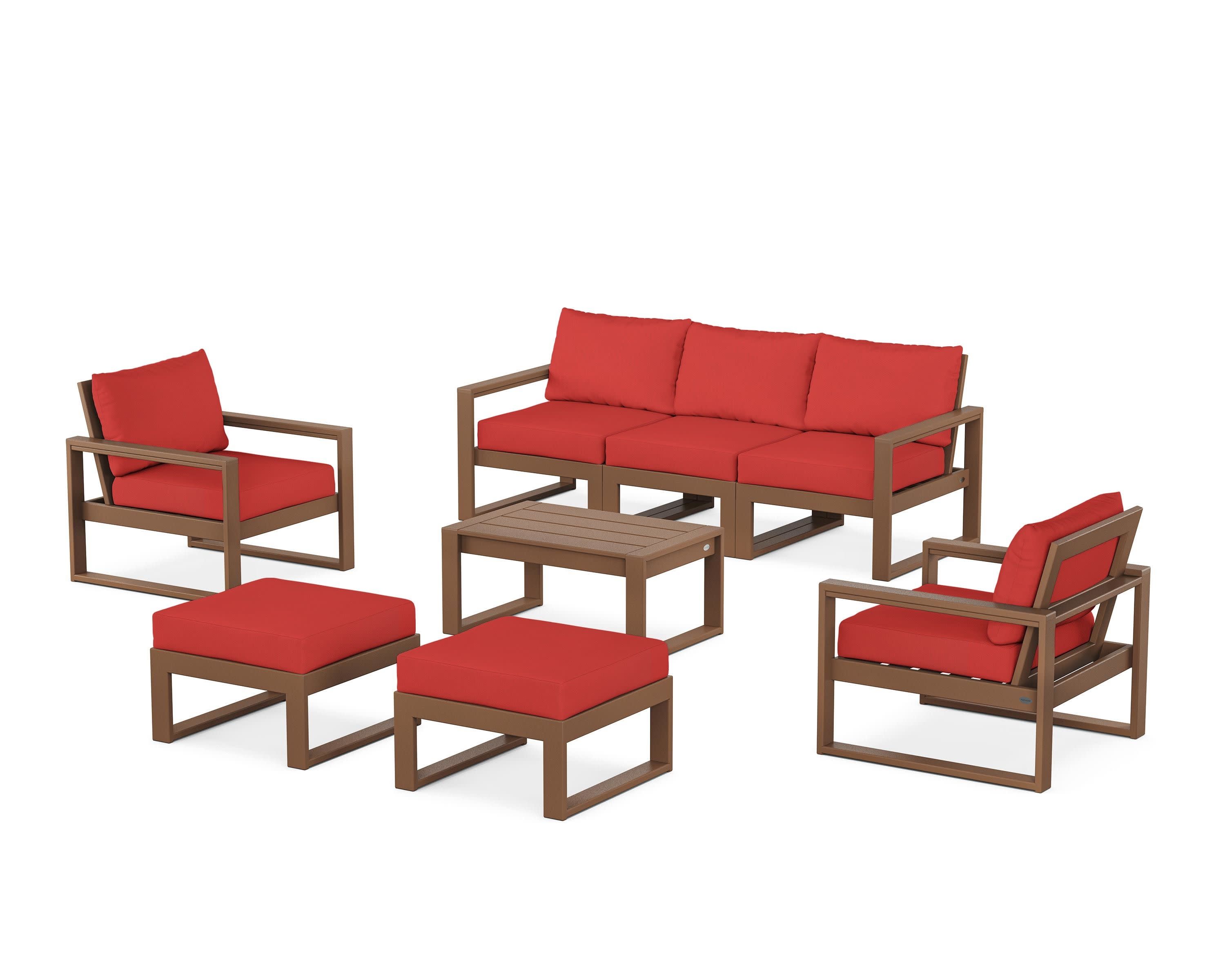 EDGE Sectional 8-Piece Lounge Sofa Set in Teak / Crimson Linen