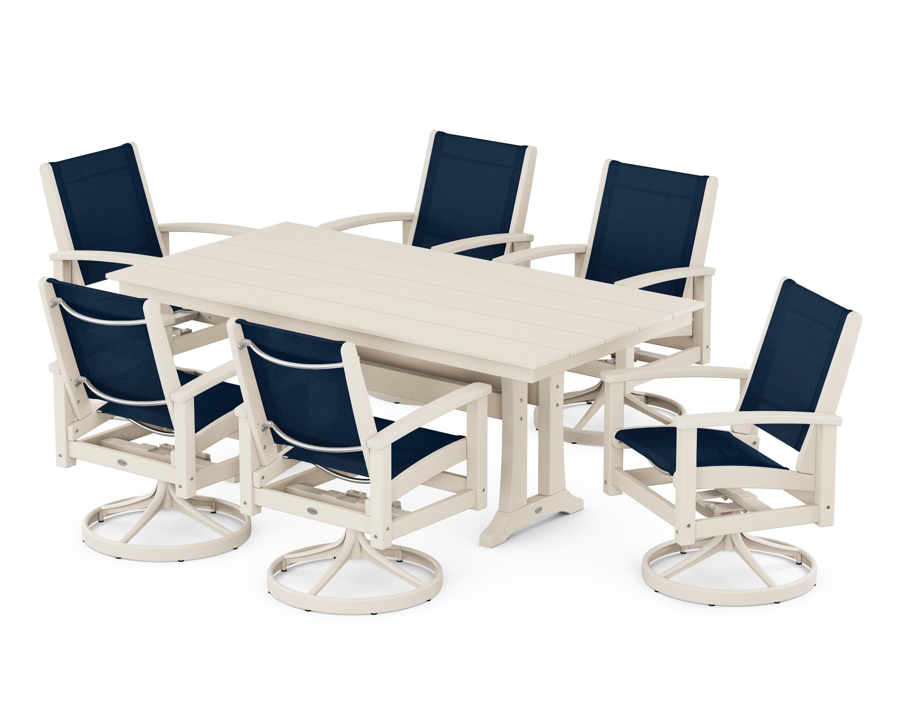 7 Piece Coastal Swivel Rocker Dining Set in Satin Tan / Sand / Navy Blue Sling