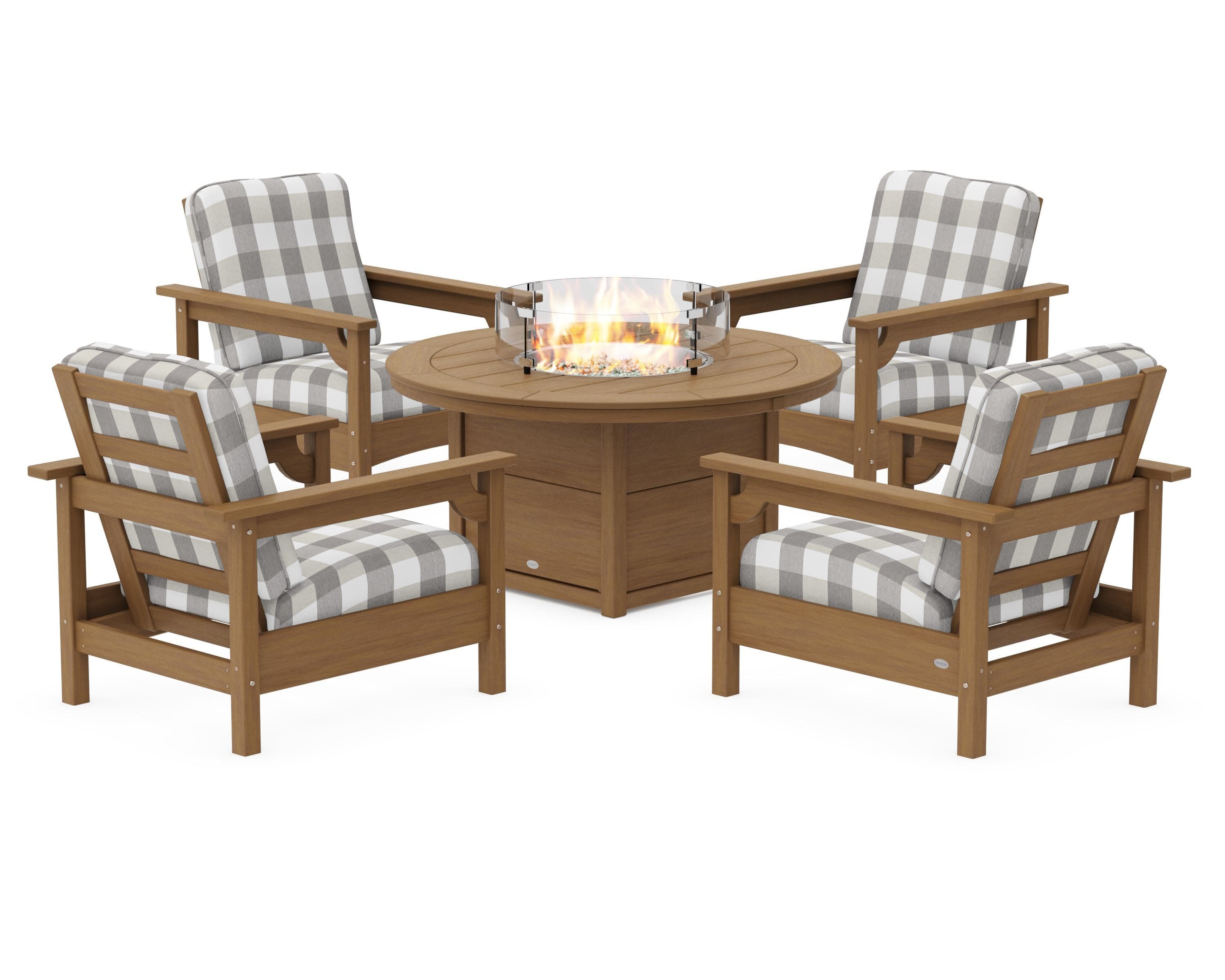 Club 5-Piece Conversation Set with Fire Pit Table in Natural / Buffalo Plaid Grey Mist