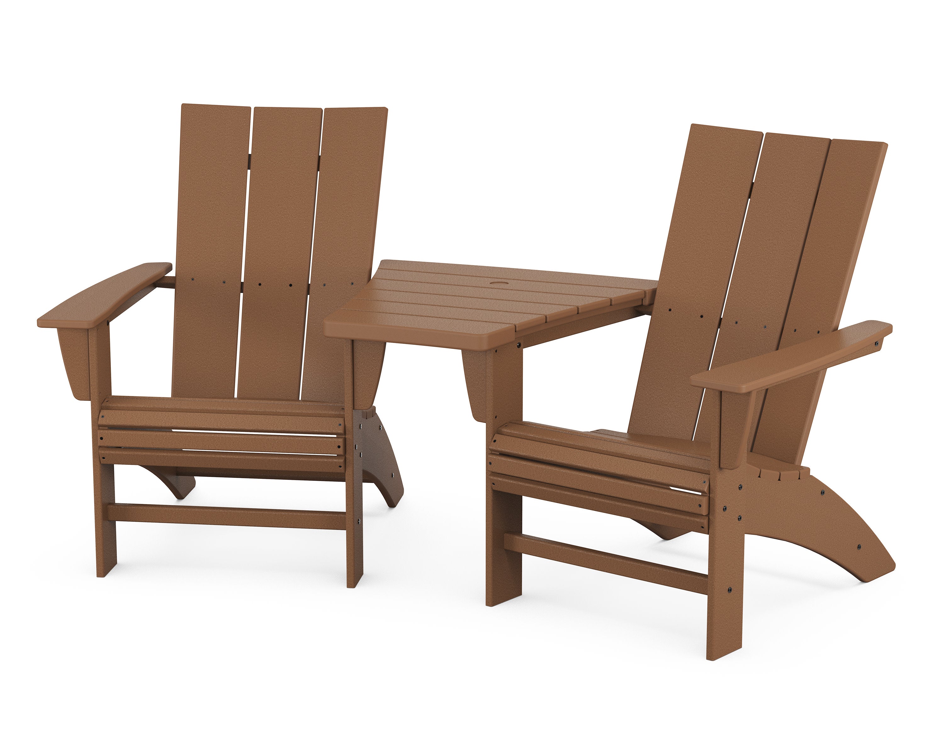 Modern 3-Piece Curveback Adirondack Set with Angled Connecting Table in Teak